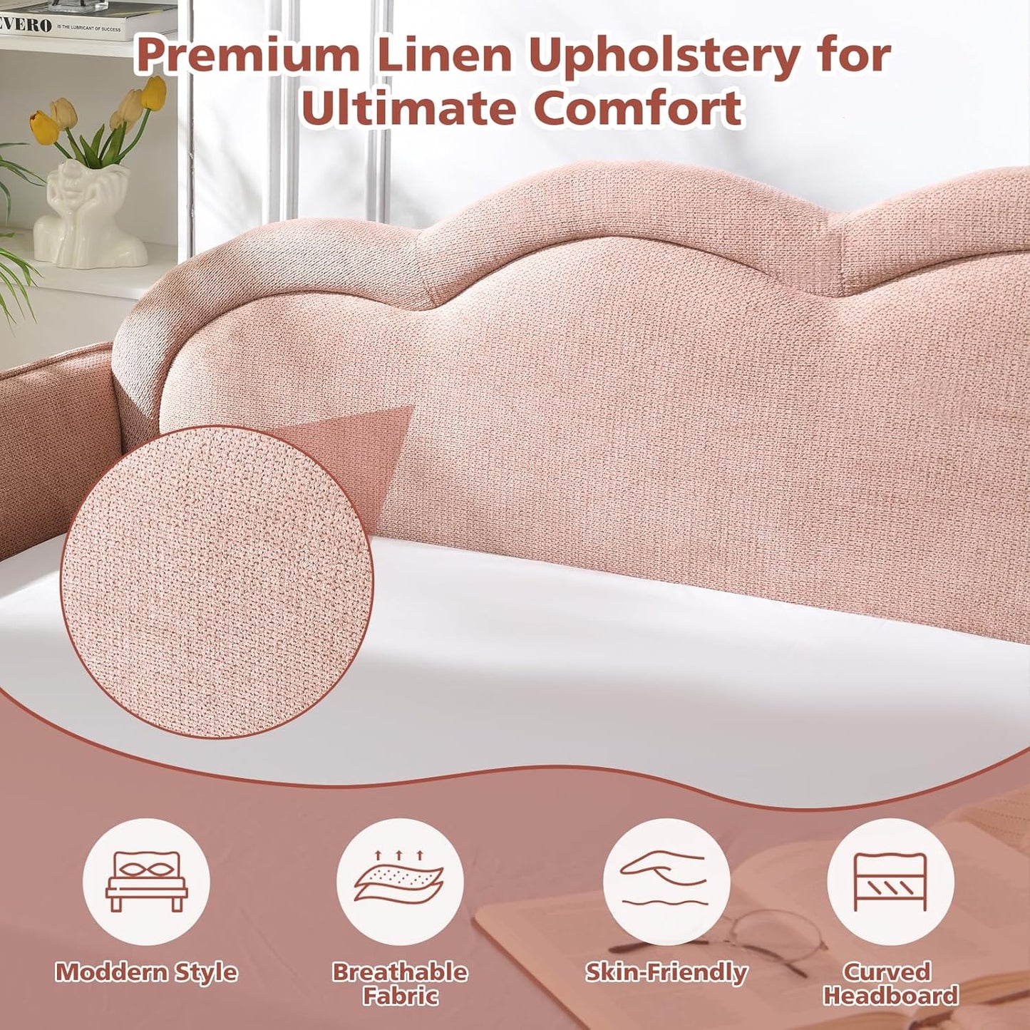 VELOCAVA Twin Size Upholstered Daybed with Cloud-Shaped Backrest, Modern Linen Sofa Bed with Metal Legs, Wood Slat Support for Bedroom, Living Room, Guest Room, Blush Pink