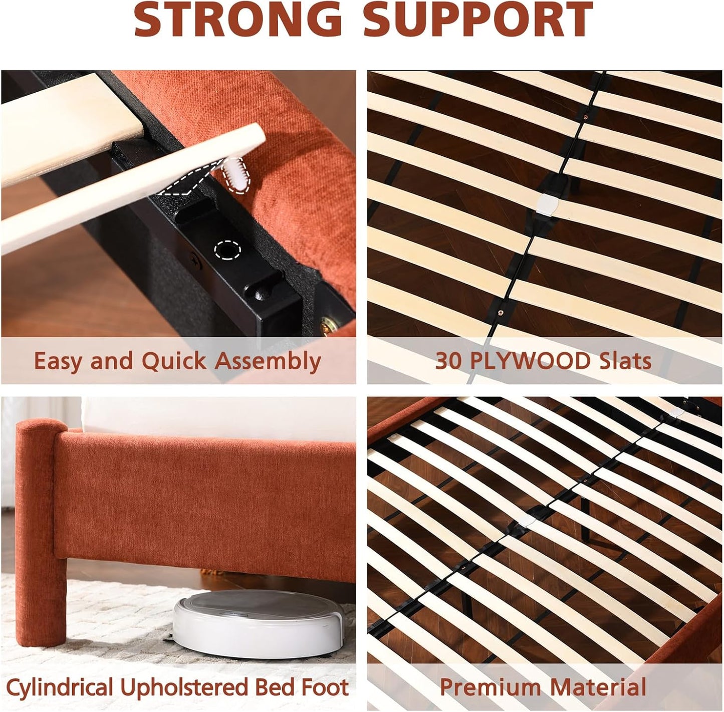 VELOCAVA Upholstered Platform Bed Frame with Curved Headboard and Cylindrical Legs, Rounded Corners Design, Sturdy 30-Slat Support, Easy Assembly, Linen-Blend Fabric, Burnt Terracotta