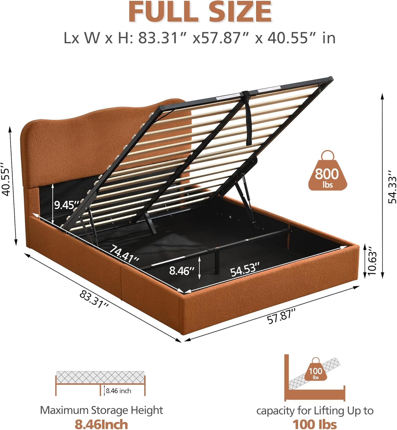 VELOCAVA Lift-Up Storage Bed, Modern Upholstered Boucle Bed with Curved Headboard, Gas Lift Platform, Sturdy Wooden Slat Support, No Box Spring Needed, Easy Assembly, Rust Brown