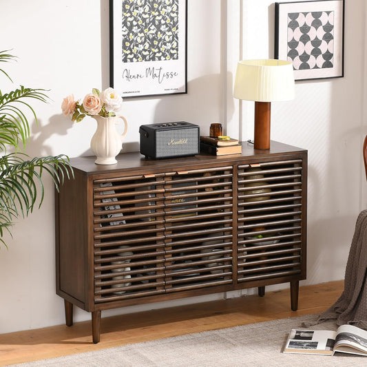 Mid-Century Modern 3-Door Sideboard Cabinet with Slatted Wood Doors, 46" Accent Storage Cabinet with Adjustable Shelves, Walnut Brown Buffet for Dining Room, Living Room, or Entryway