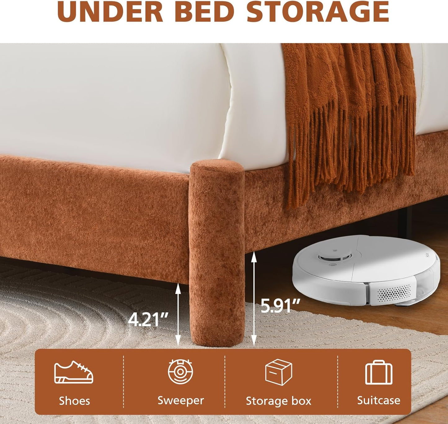 VELOCAVA Upholstered Platform Bed Frame with Soft Rounded Corners, 44.88" Tall Headboard, Luxury Plush Velvet Upholstery, 11 Slats &amp; 5 Center Legs, No Box Spring Needed, Rust Orange