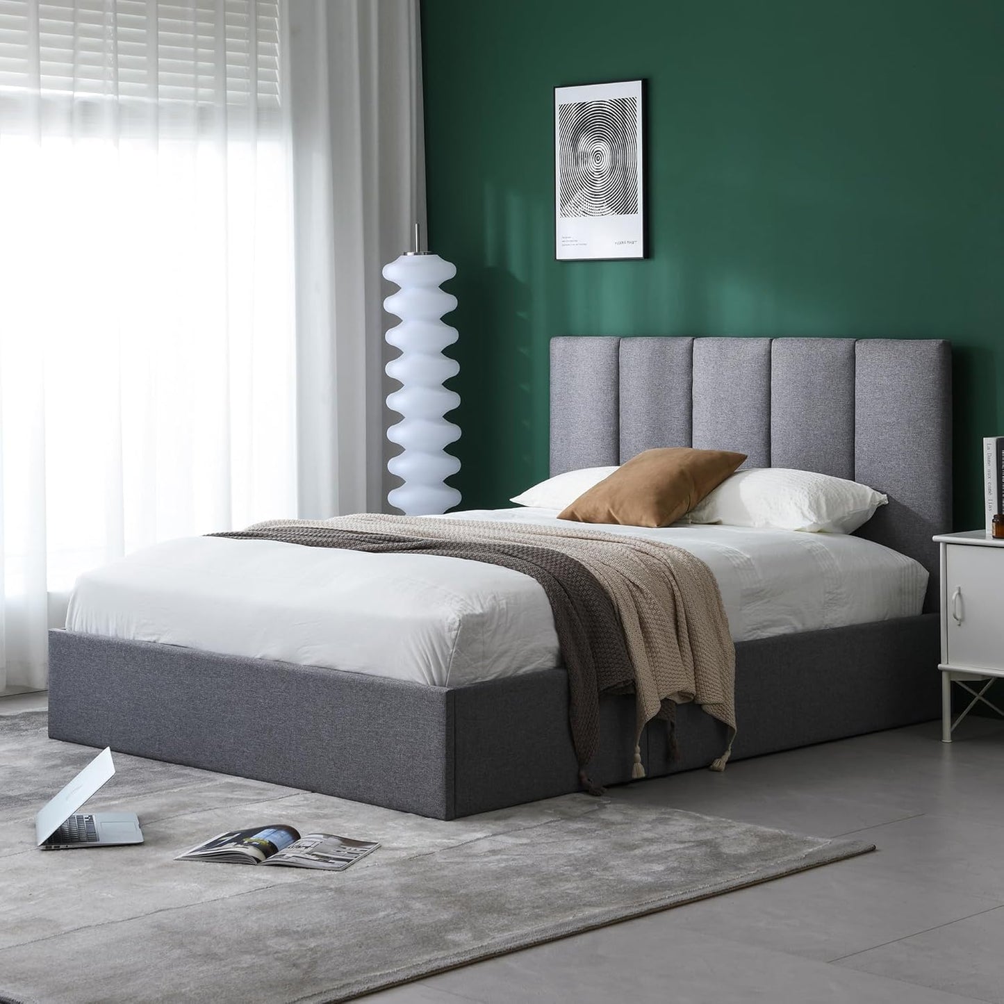 VELOCAVA Hydraulic Lift Storage Bed Frame, Dark Gray Linen-Look Upholstered Platform Bed with Vertical Panel Headboard, Hidden Under-Bed Storage, No Box Spring Needed