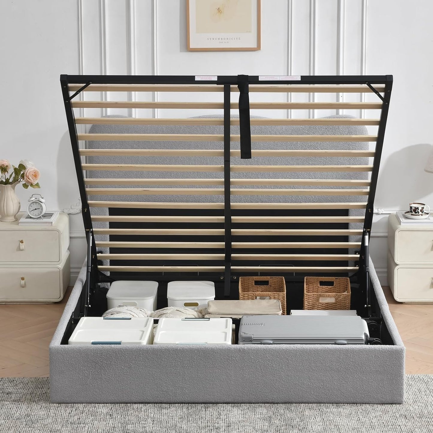 VELOCAVA Lift-Up Storage Bed, Modern Upholstered Boucle Bed with Curved Headboard, Gas Lift Platform, Sturdy Wooden Slat Support, No Box Spring Needed, Easy Assembly, Light Gray