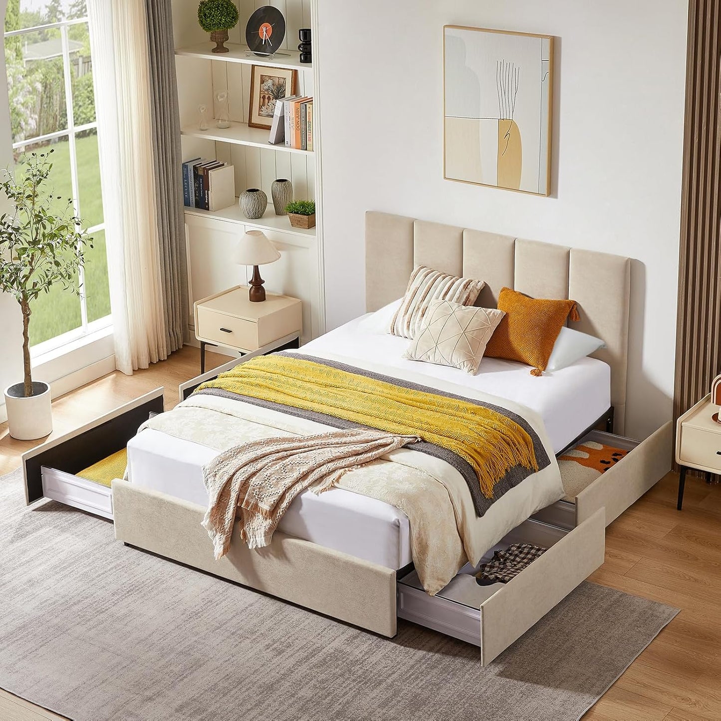 VELOCAVA Upholstered Bed with 4 Storage Drawers, Modern Linen Platform Bed Frame with Vertical Channel Headboard, Sturdy Wood Slats, Space-Saving Design, No Box Spring Needed, Beige
