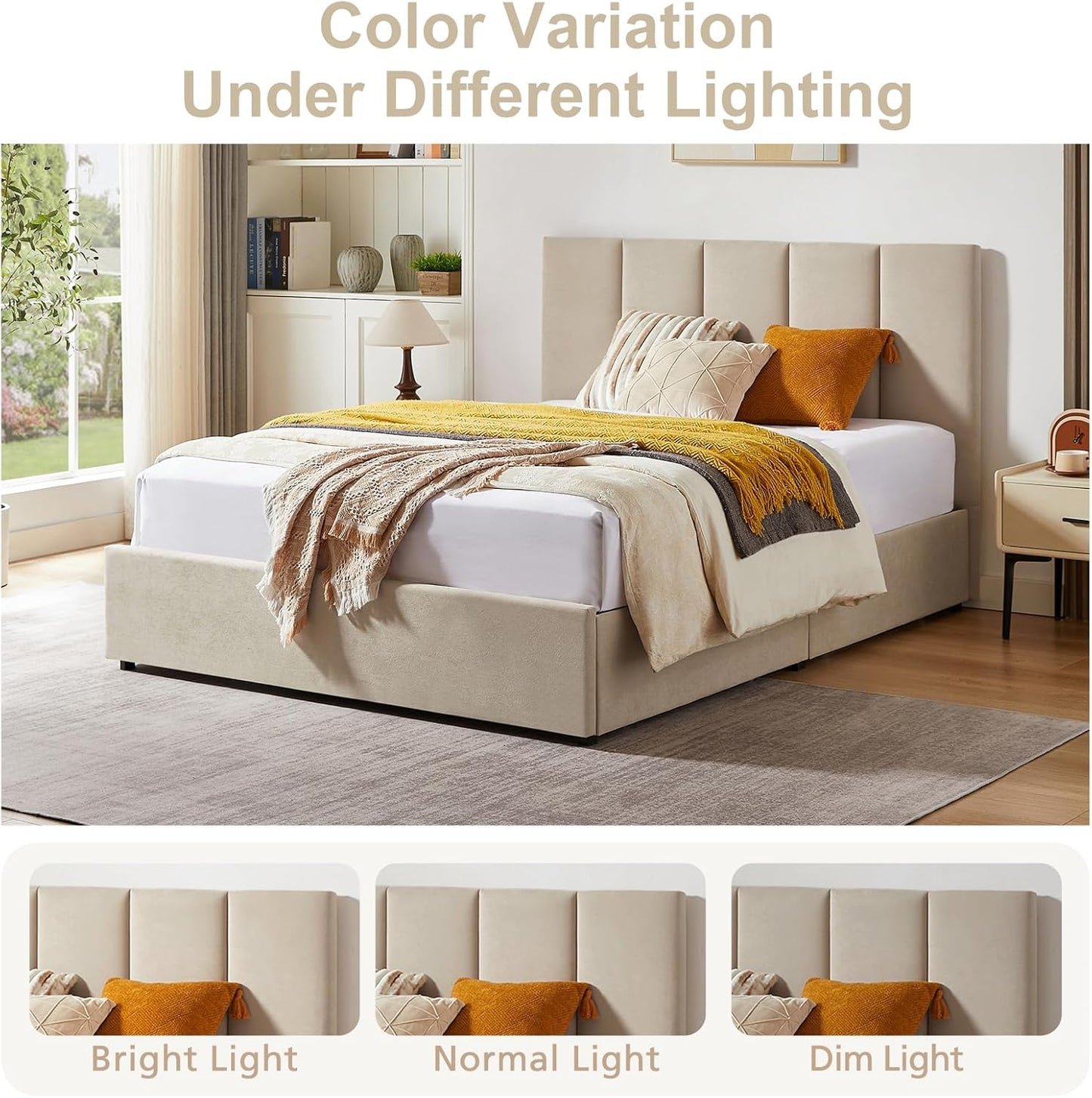 VELOCAVA Upholstered Bed with 4 Storage Drawers, Modern Linen Platform Bed Frame with Vertical Channel Headboard, Sturdy Wood Slats, Space-Saving Design, No Box Spring Needed, Beige
