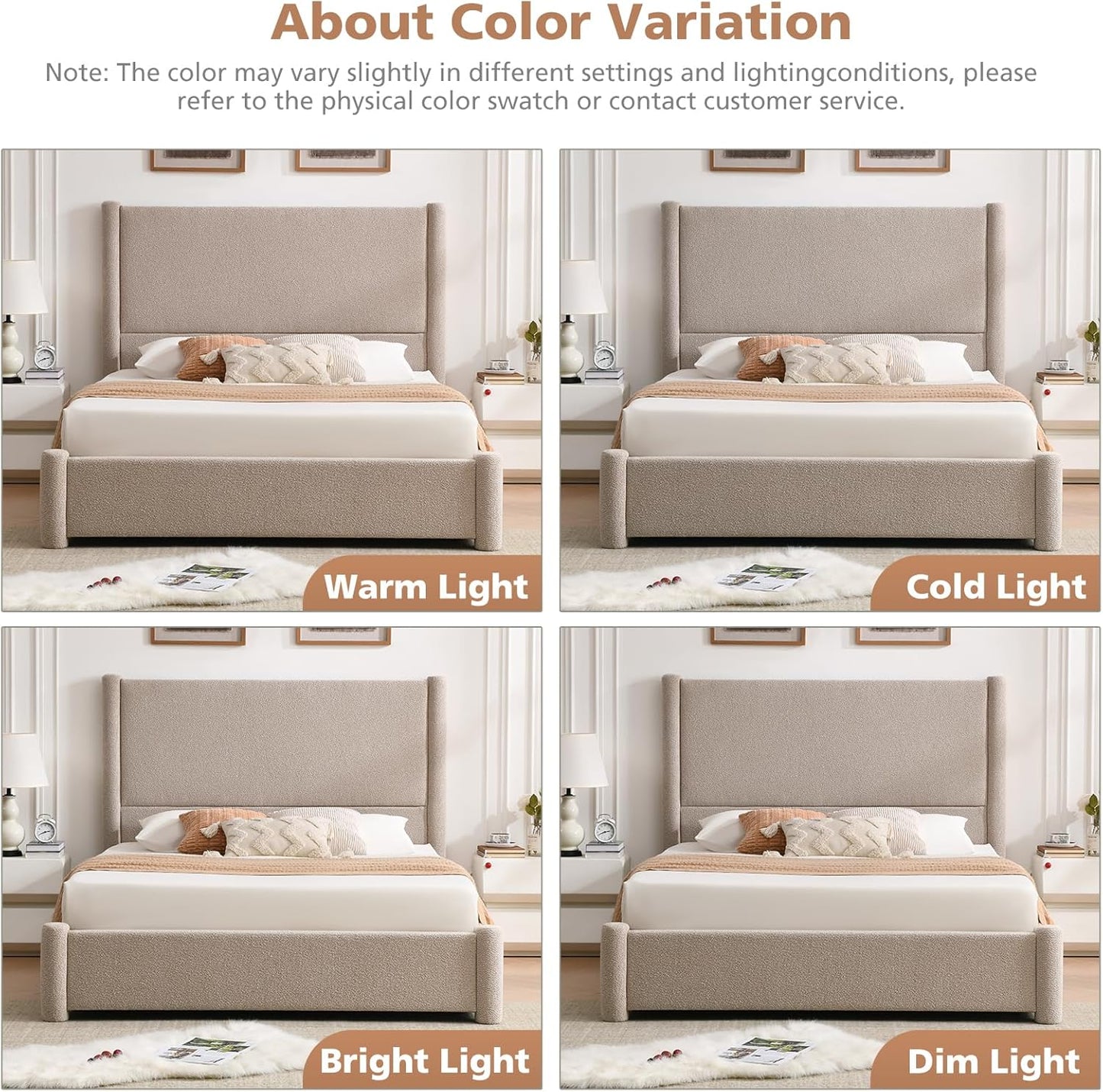 VELOCAVA Upholstered Bed Frame with 51.77" Tall Headboard and Soft Rounded Corners, Side Storage Drawers, 12-Slat Support, No Box Spring Needed, Bouclé Texture, Beige