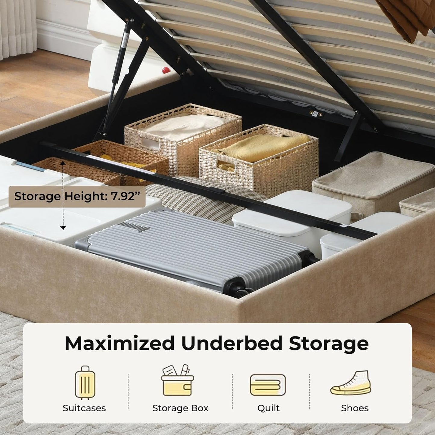 Lift Up Storage Bed, Upholstered Platform Bed Frame with Storage Underneath, 51.6'' Tall Vertical Channel Tufted Headboard, Linen-Textured, Hydraulic Support, No Box Spring Needed, Beige