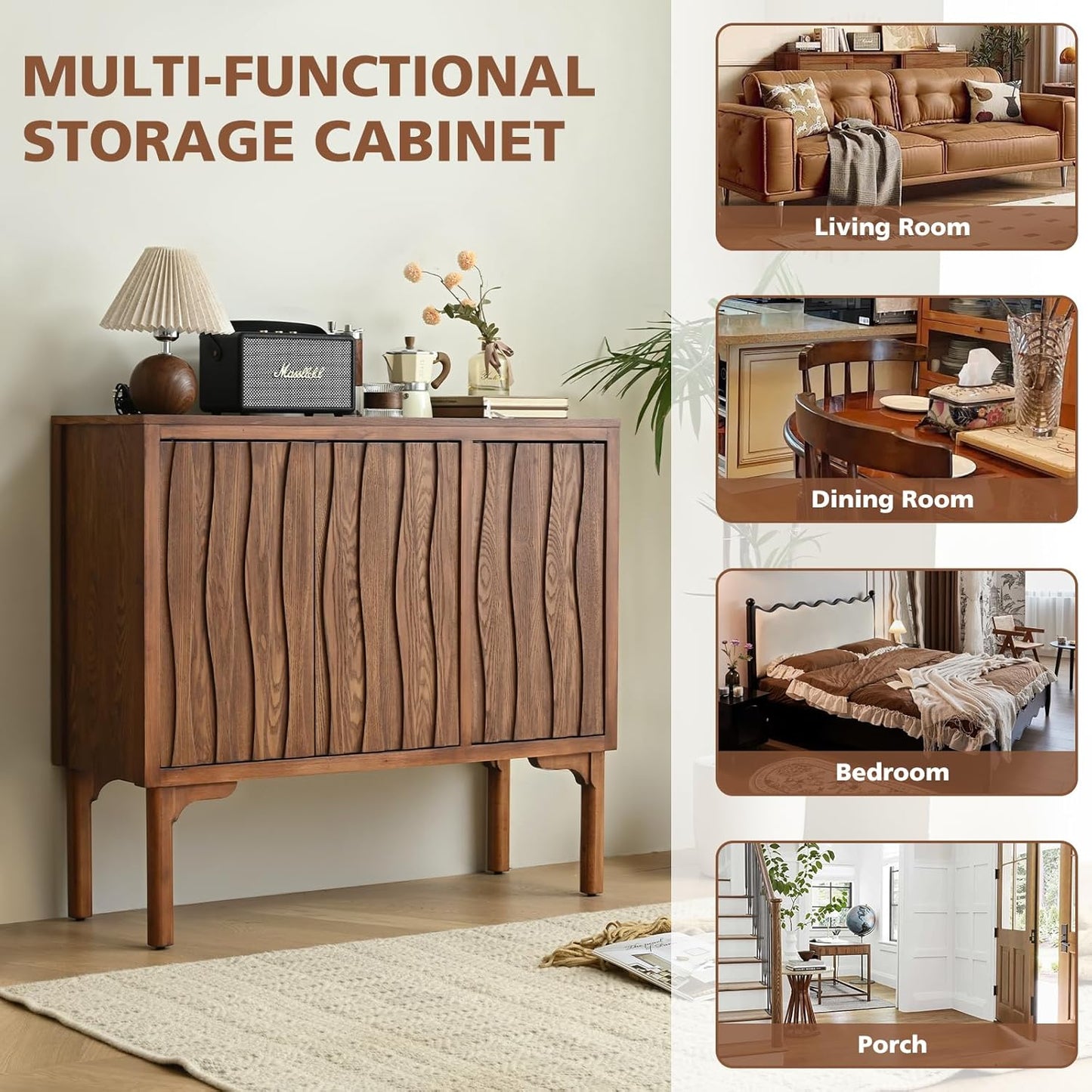 Ahokua Mid-Century Modern Sideboard with Wave Doors, 3-Door Push-to-Open Storage Cabinet, Walnut Accent Buffet with Adjustable Shelves for Dining Room, Entryway, or Living Room