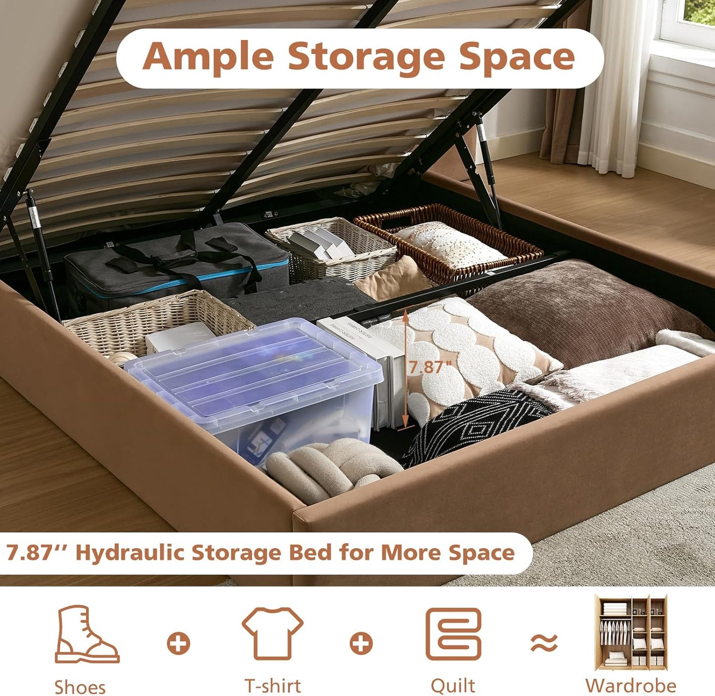 VELOCAVA Lift Up Storage Bed Frame with Extended Upholstered Headboard, Floating Side Shelves, LED Lighting, Charging Station, Hydraulic Lift, No Box Spring Needed, Camel Brown