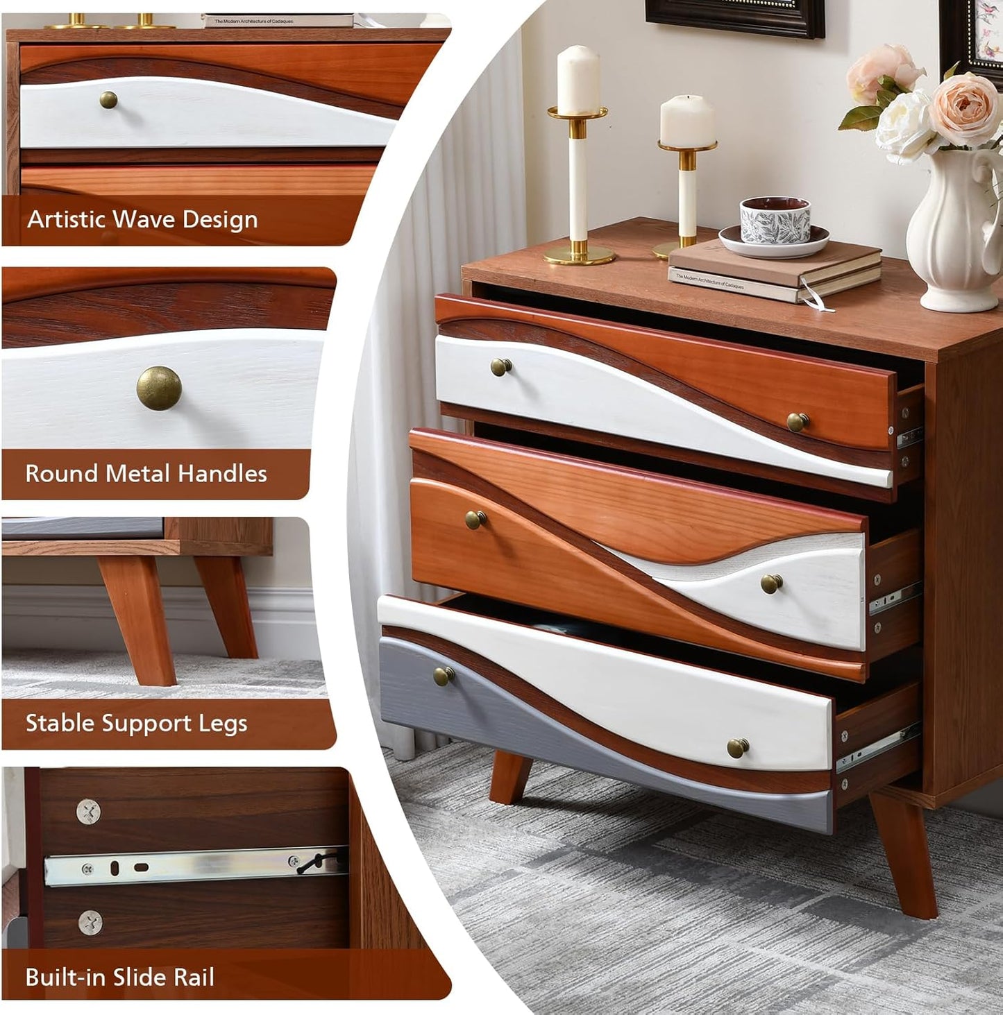 3-Drawer Dresser with Sculpted Wave Fronts, Tri-Color Drawer Design, Modern Chest of Drawers Storage Cabinet for Bedroom, Living Room, Hallway, or Office