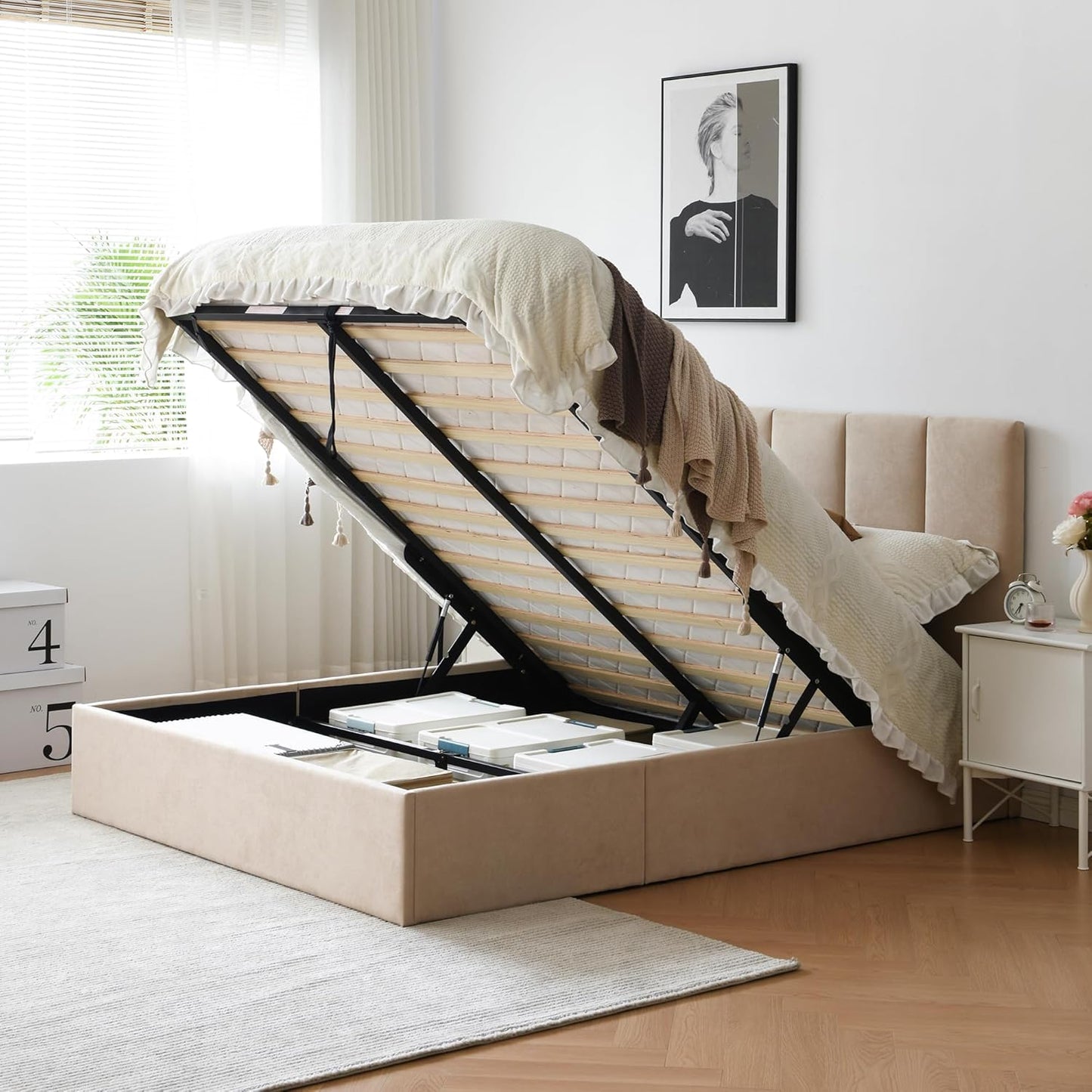 VELOCAVA Hydraulic Lift Storage Bed Frame, Beige Linen Upholstered Platform Bed with Vertical Panel Headboard, Hidden Under-Bed Storage, Wooden Slat Support, No Box Spring Needed