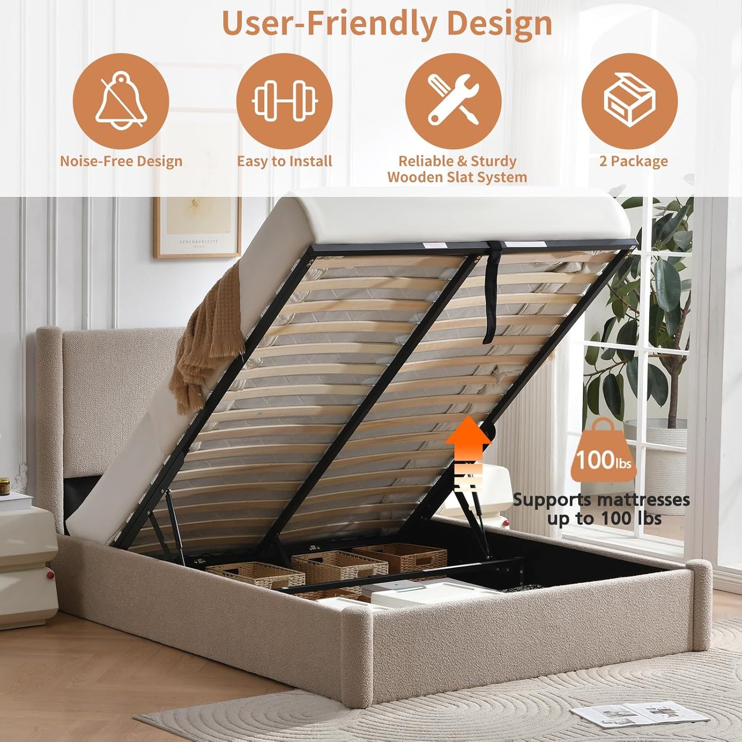 VELOCAVA Full Lift Up Storage Bed Frame, 44.88" Tall Upholstered Headboard, Soft Rounded Corner Design, Bouclé Texture Platform Bed with Hydraulic Storage, No Box Spring Needed, Soft Beige