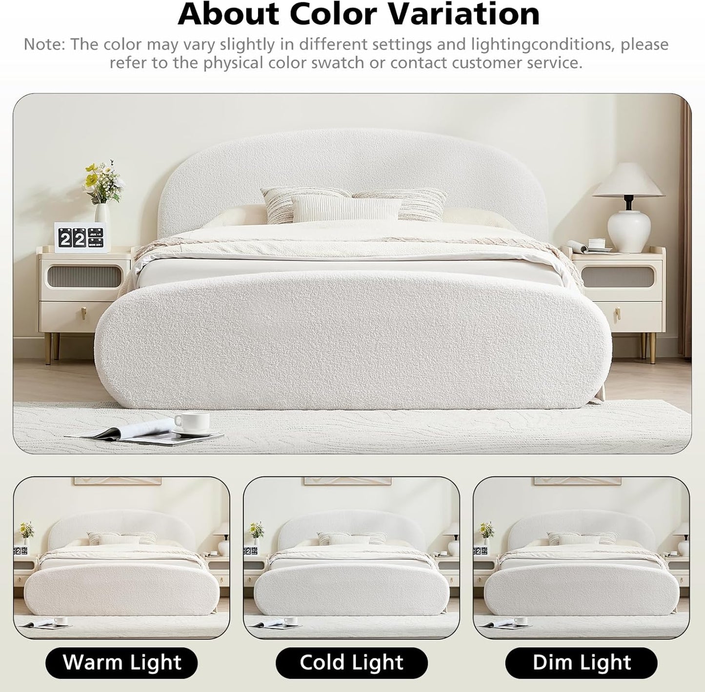 VELOCAVA Upholstered Platform Bed Frame, Curved Silhouette Headboard &amp; Footboard, Bouclé Texture, Removable Headboard Cover, 11 Plywood Slats, No Box Spring Needed, Cream White