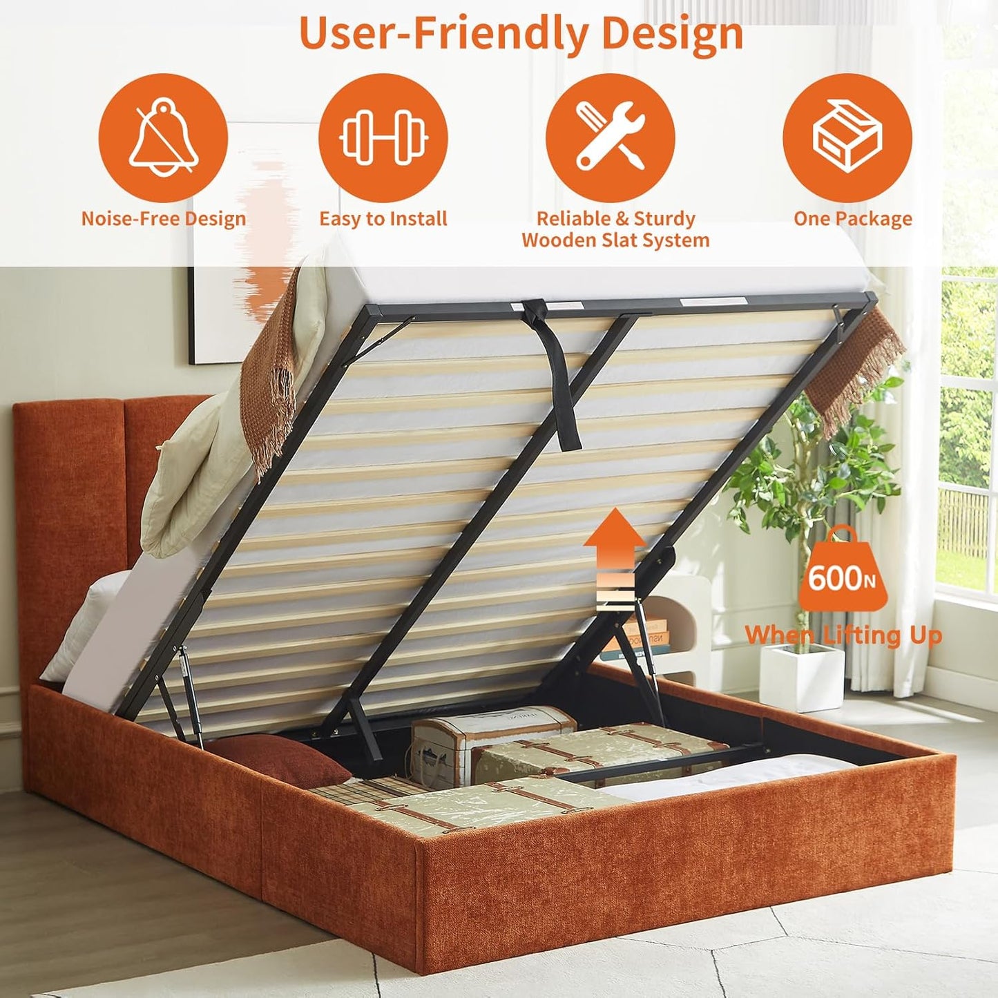 VELOCAVA Queen Size Lift-Up Hydraulic Storage Bed, Orange Linen-Look Upholstered Platform Bed with Vertical Channel Headboard, Wooden Slat Support, No Box Spring Needed