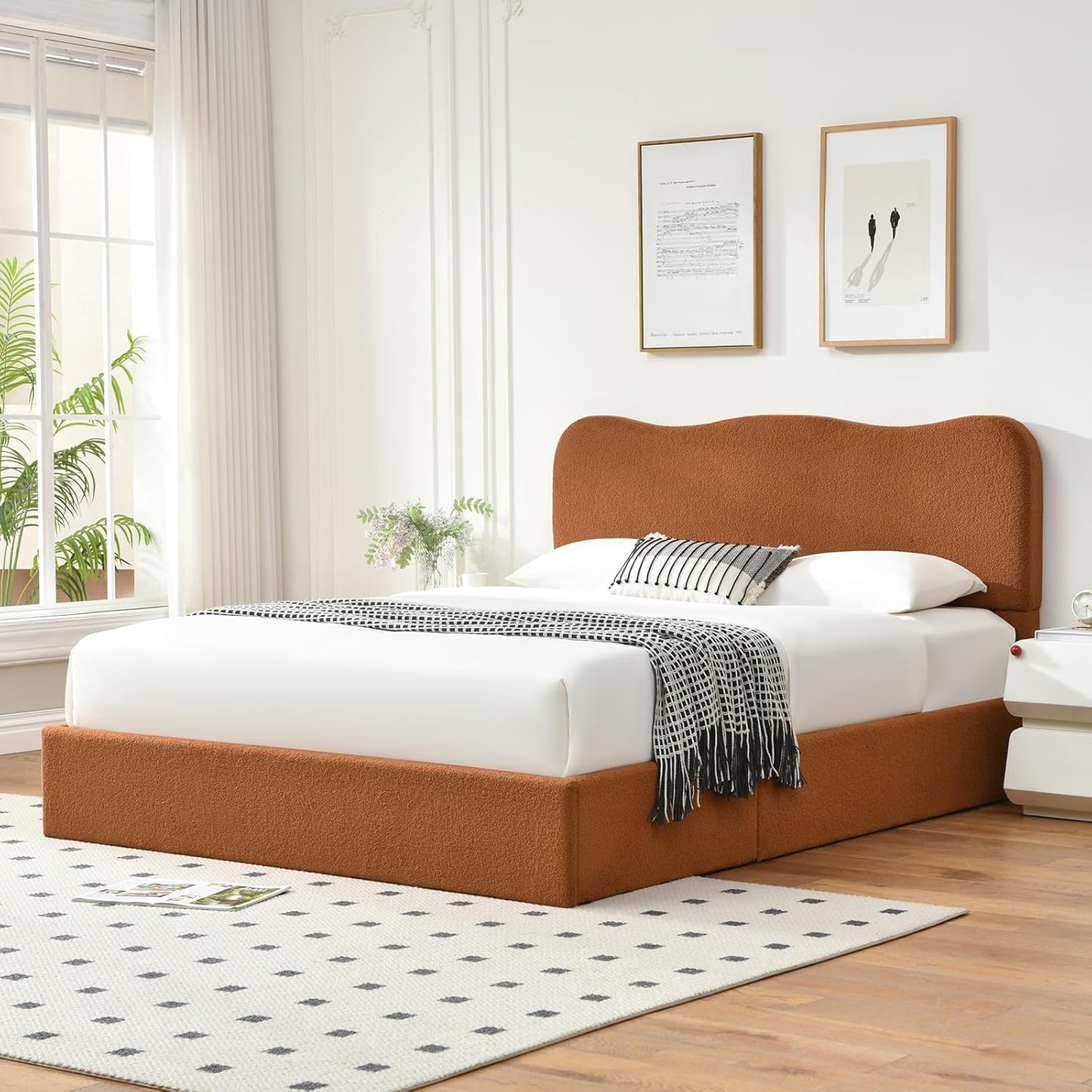 VELOCAVA Lift-Up Storage Bed, Modern Upholstered Boucle Bed with Curved Headboard, Gas Lift Platform, Sturdy Wooden Slat Support, No Box Spring Needed, Easy Assembly, Rust Brown