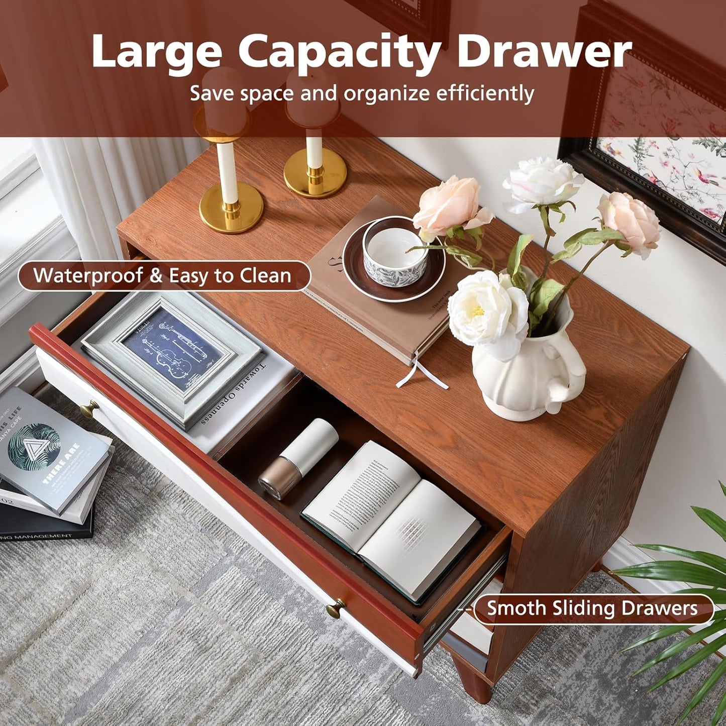 3-Drawer Dresser with Sculpted Wave Fronts, Tri-Color Drawer Design, Modern Chest of Drawers Storage Cabinet for Bedroom, Living Room, Hallway, or Office