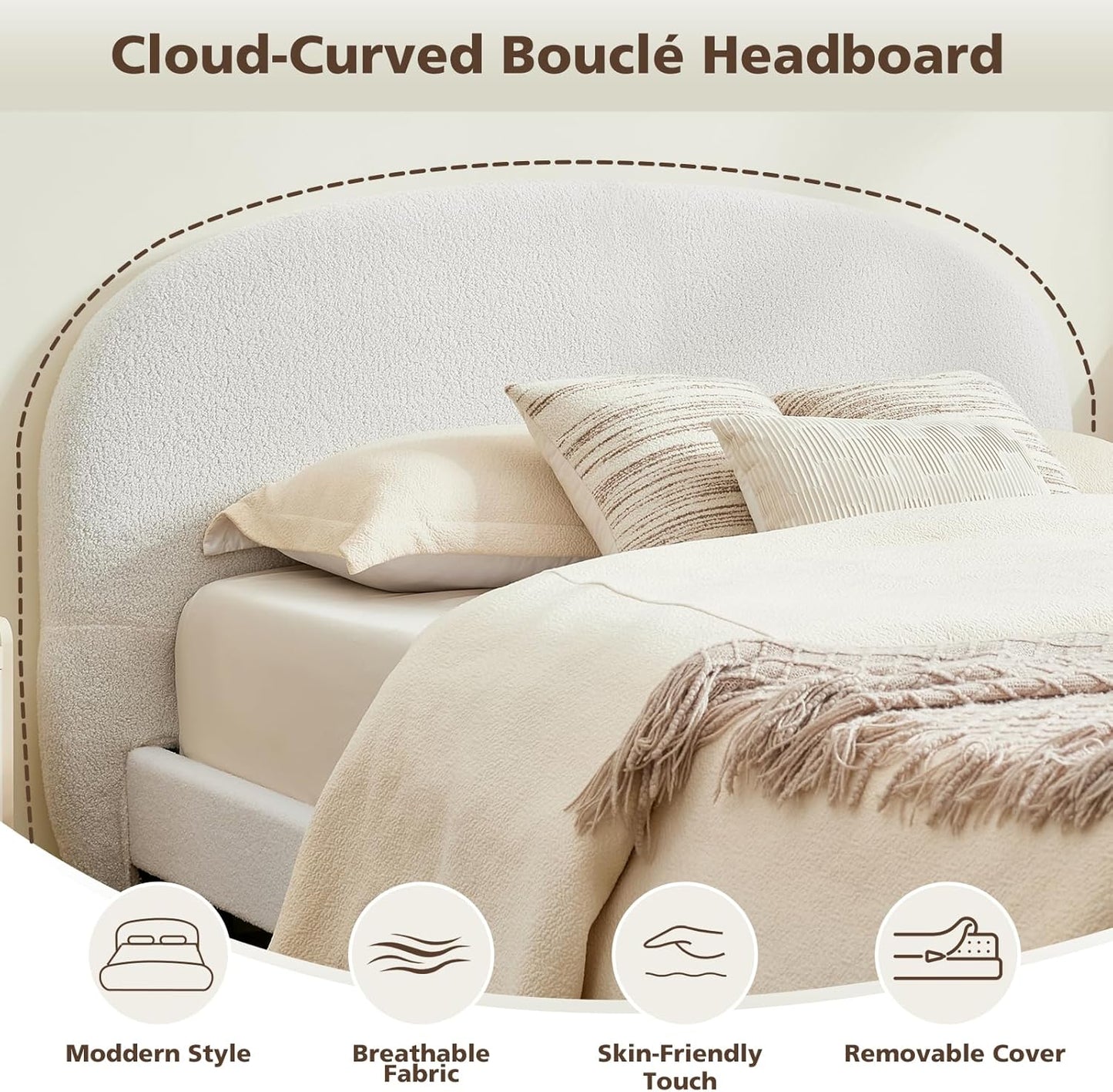 VELOCAVA Upholstered Platform Bed Frame, Curved Silhouette Headboard &amp; Footboard, Bouclé Texture, Removable Headboard Cover, 11 Plywood Slats, No Box Spring Needed, Cream White
