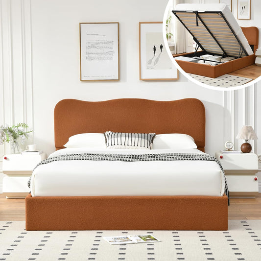 VELOCAVA Lift-Up Storage Bed, Modern Upholstered Boucle Bed with Curved Headboard, Gas Lift Platform, Sturdy Wooden Slat Support, No Box Spring Needed, Easy Assembly, Rust Brown