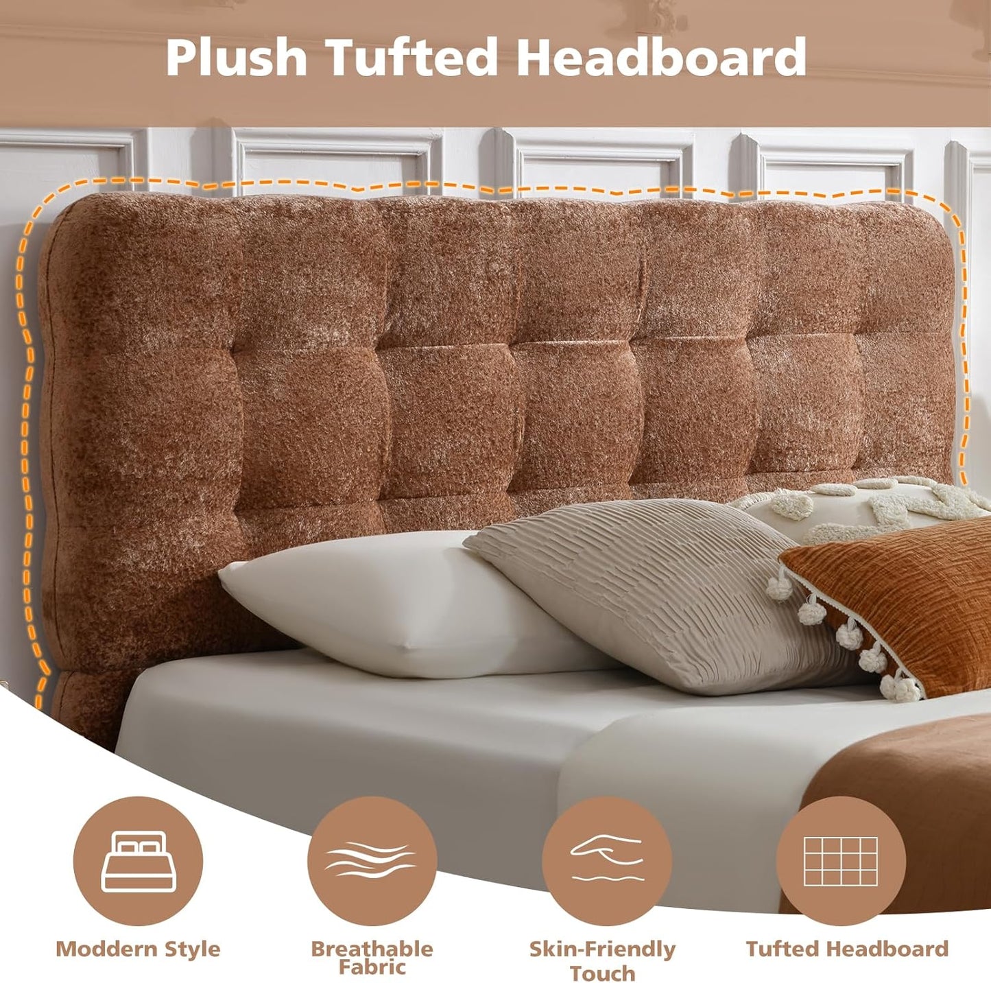 VELOCAVA Lift-Up Storage Bed, Upholstered Platform Bed with Soft Tufted Headboard, Plush Velvet Fabric, No Box Spring Needed, Camel Brown