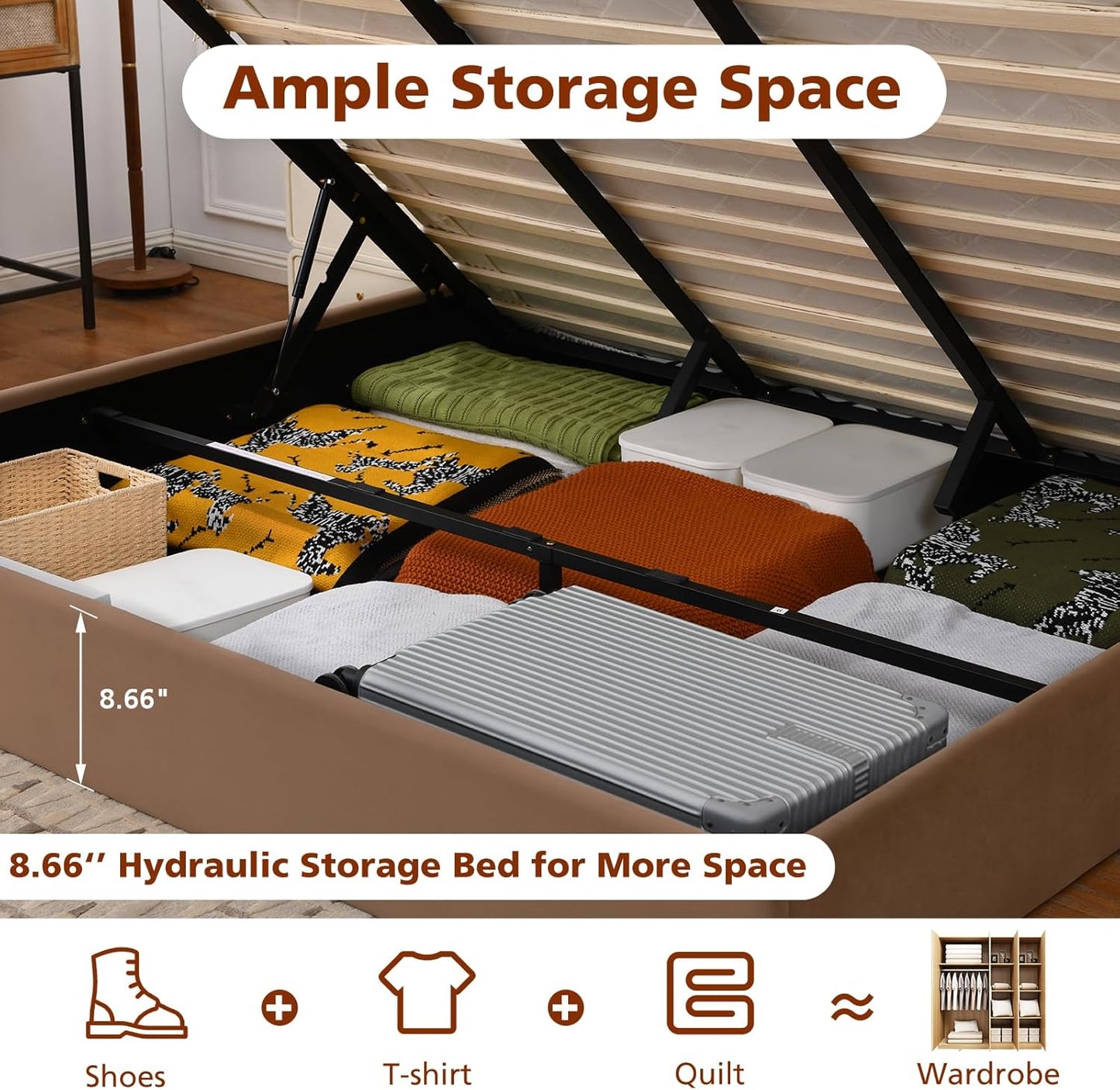 VELOCAVA Lift Up Storage Bed Frame, Velvet-Look Upholstered Bed with Modern Wing back Headboard, Hydraulic Lift Storage, Wood Slat Support, No Box Spring Needed, Brown
