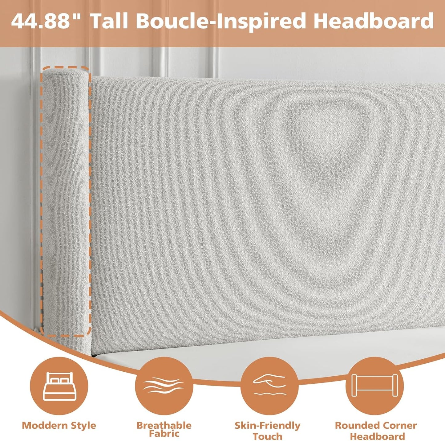 VELOCAVA Lift Up Storage Bed Frame, 44.88" Tall Upholstered Headboard, Soft Rounded Corner Design, Bouclé Texture Platform Bed with Hydraulic Storage, No Box Spring Needed, Soft White