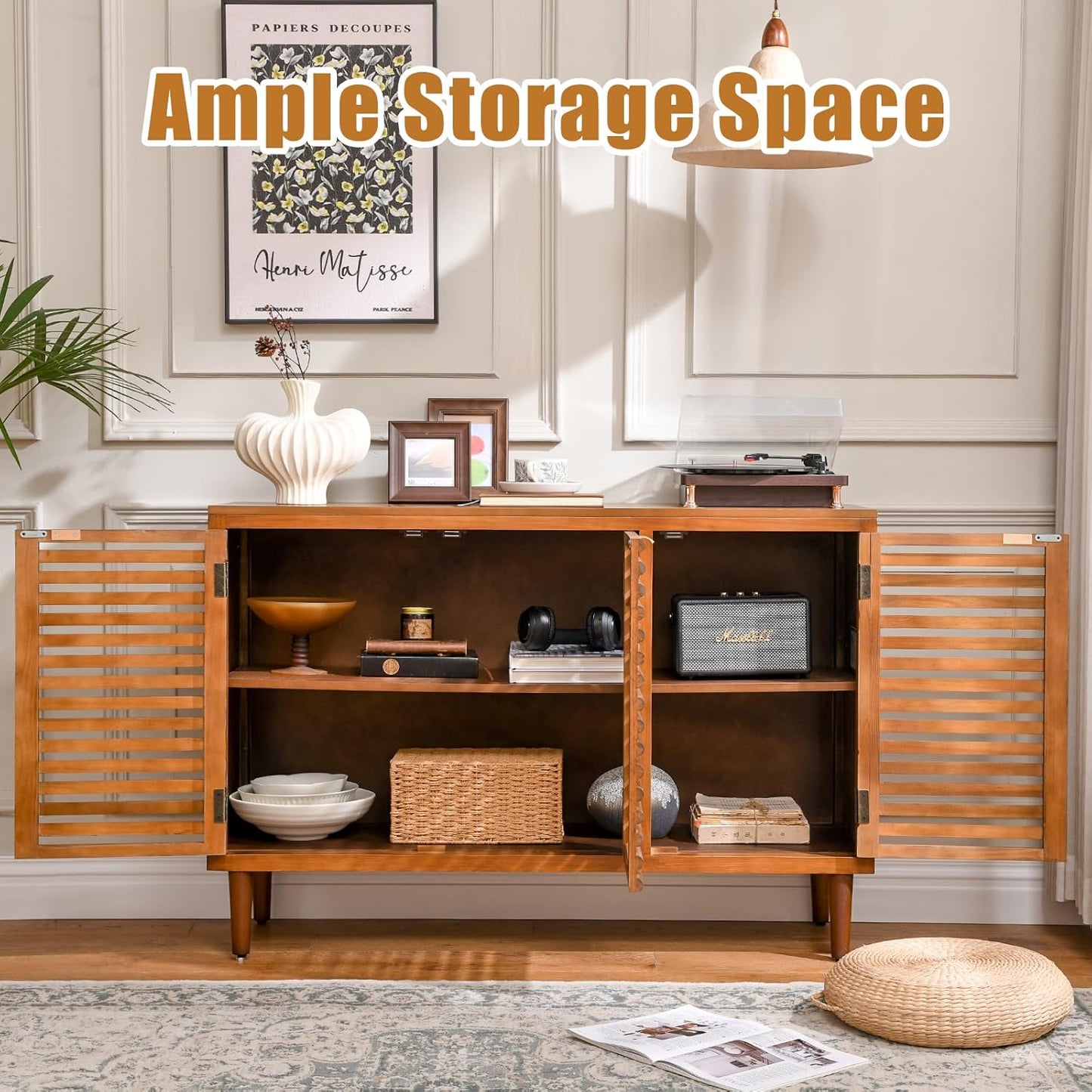 46" Mid-Century Modern Sideboard, Brown Storage Cabinet with Slatted Doors and Adjustable Shelves, 3-Door Buffet Cabinet for Dining Room, Entryway, or Living Room, Walnut Finish