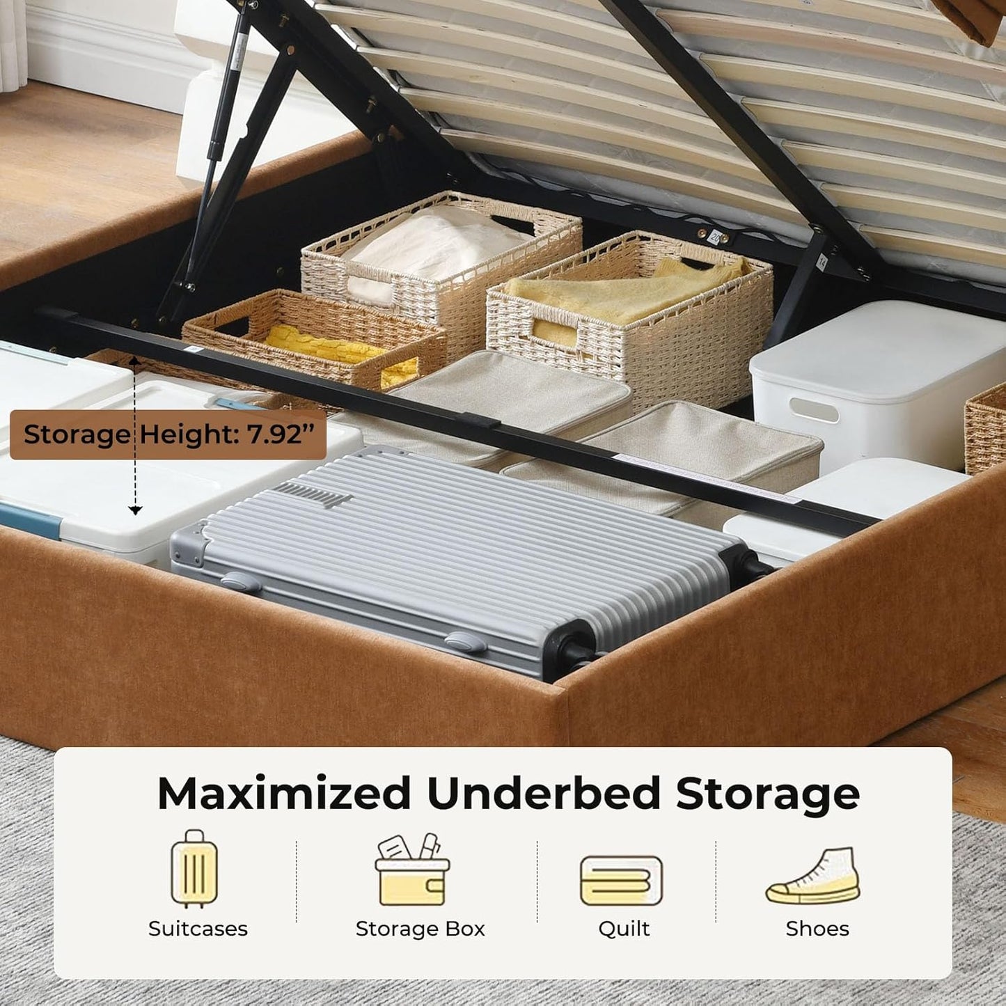 Lift Up Storage Bed, Upholstered Platform Bed Frame with Storage Underneath, 51.6'' Tall Vertical Channel Tufted Headboard, Linen-Textured, Hydraulic Support, No Box Spring Needed, Brown