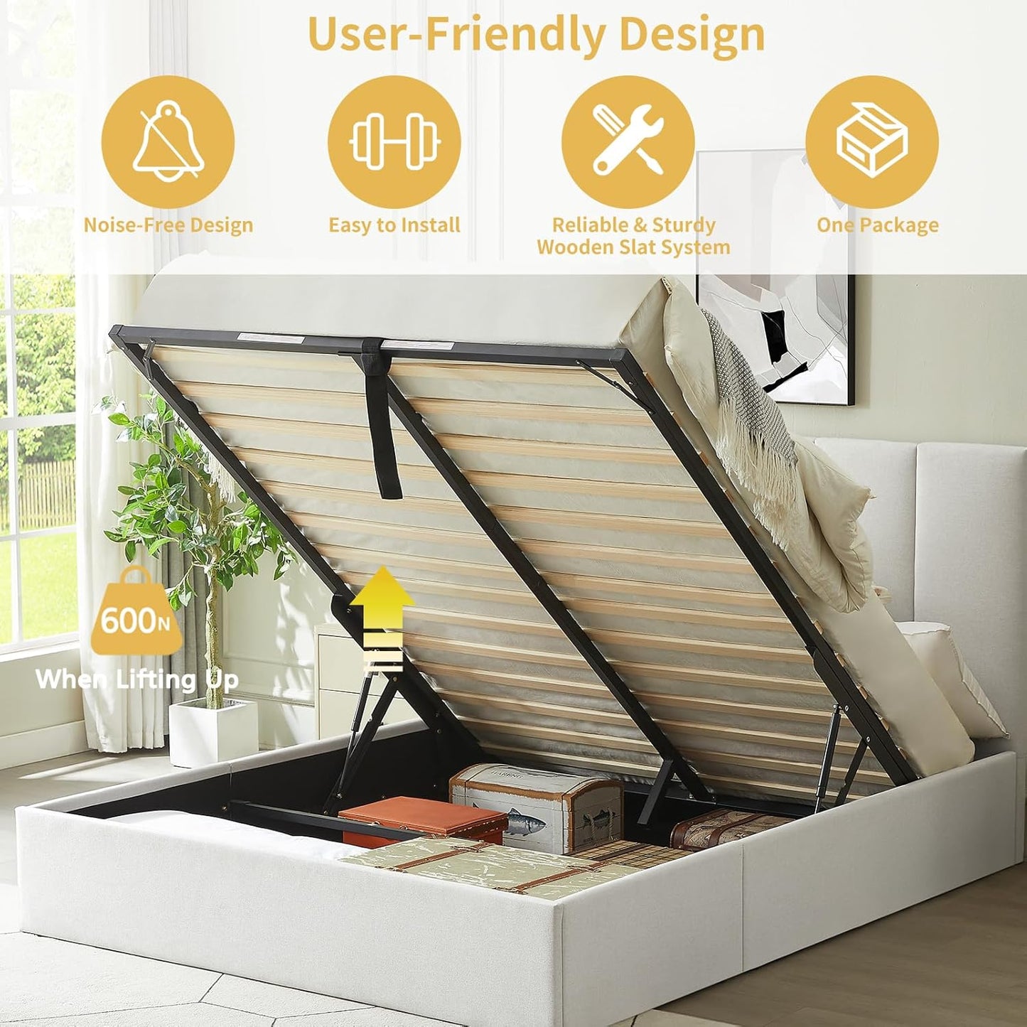 VELOCAVA Hydraulic Lift Storage Bed Frame, Light Gray Linen-Look Upholstered Platform Bed with Vertical Panel Headboard, Hidden Under-Bed Storage, No Box Spring Needed