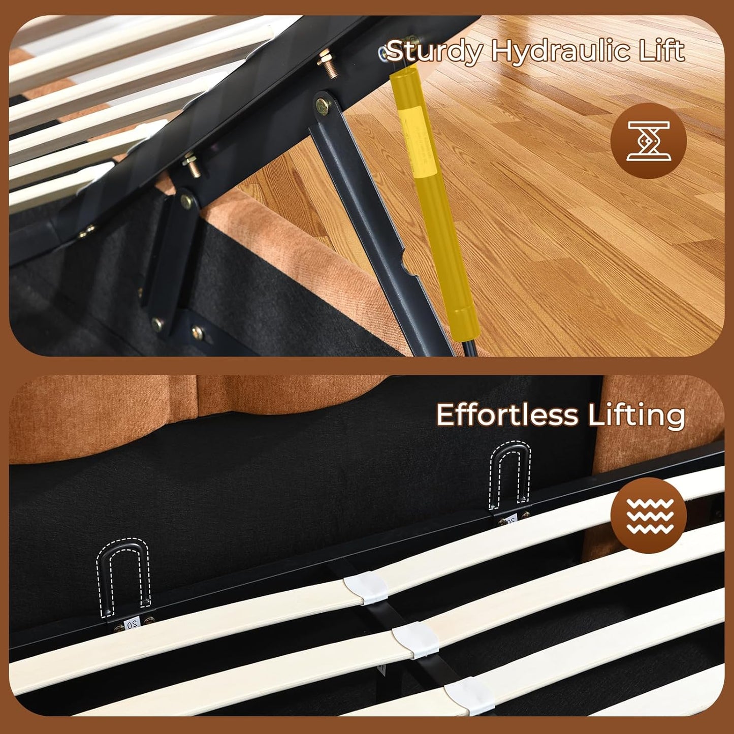 Lift Up Storage Bed, Upholstered Platform Bed Frame with Storage Underneath, 51.6'' Tall Vertical Channel Tufted Headboard, Linen-Textured, Hydraulic Support, No Box Spring Needed, Brown