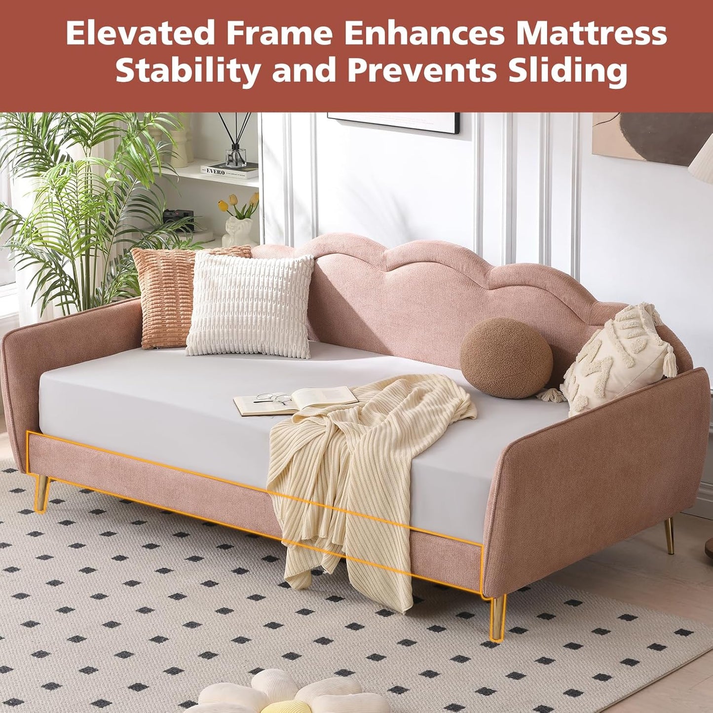 VELOCAVA Twin Size Upholstered Daybed with Cloud-Shaped Backrest, Modern Linen Sofa Bed with Metal Legs, Wood Slat Support for Bedroom, Living Room, Guest Room, Blush Pink