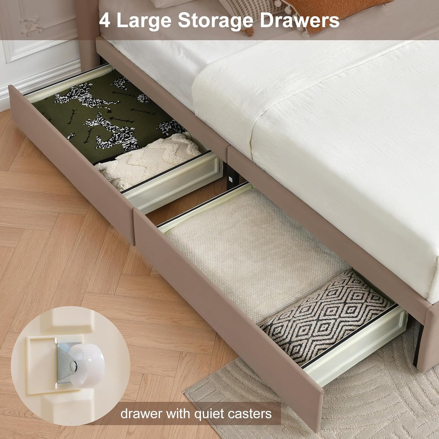 VELOCAVA Upholstered Bed Frame with 4 Storage Drawers, Modern Velvet-Like Platform Bed with Wingback Headboard, Sturdy Wood Slats,No Box Spring Needed, Brown