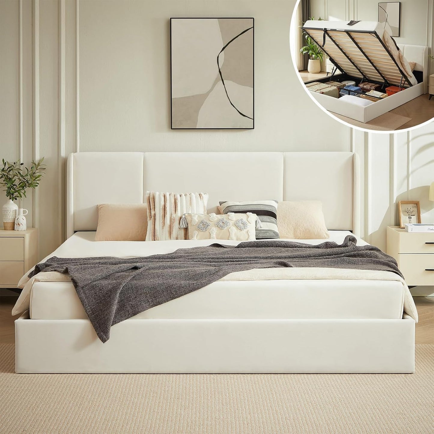 VELOCAVA Lift Up Storage Bed Frame, Velvet-Look Upholstered Bed with Modern Wingback Headboard, Gas Lift Storage, Space Saving Design, No Box Spring Needed, White