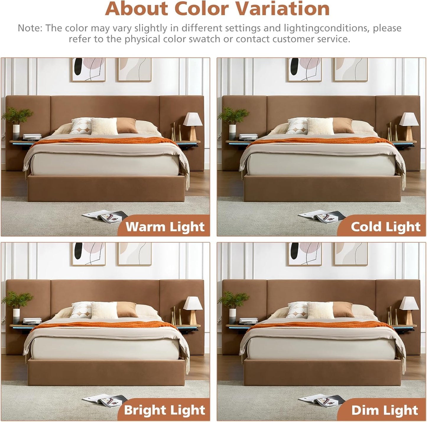 VELOCAVA Lift Up Storage Bed Frame with Extended Upholstered Headboard, Floating Side Shelves, LED Lighting, Charging Station, Hydraulic Lift, No Box Spring Needed, Camel Brown