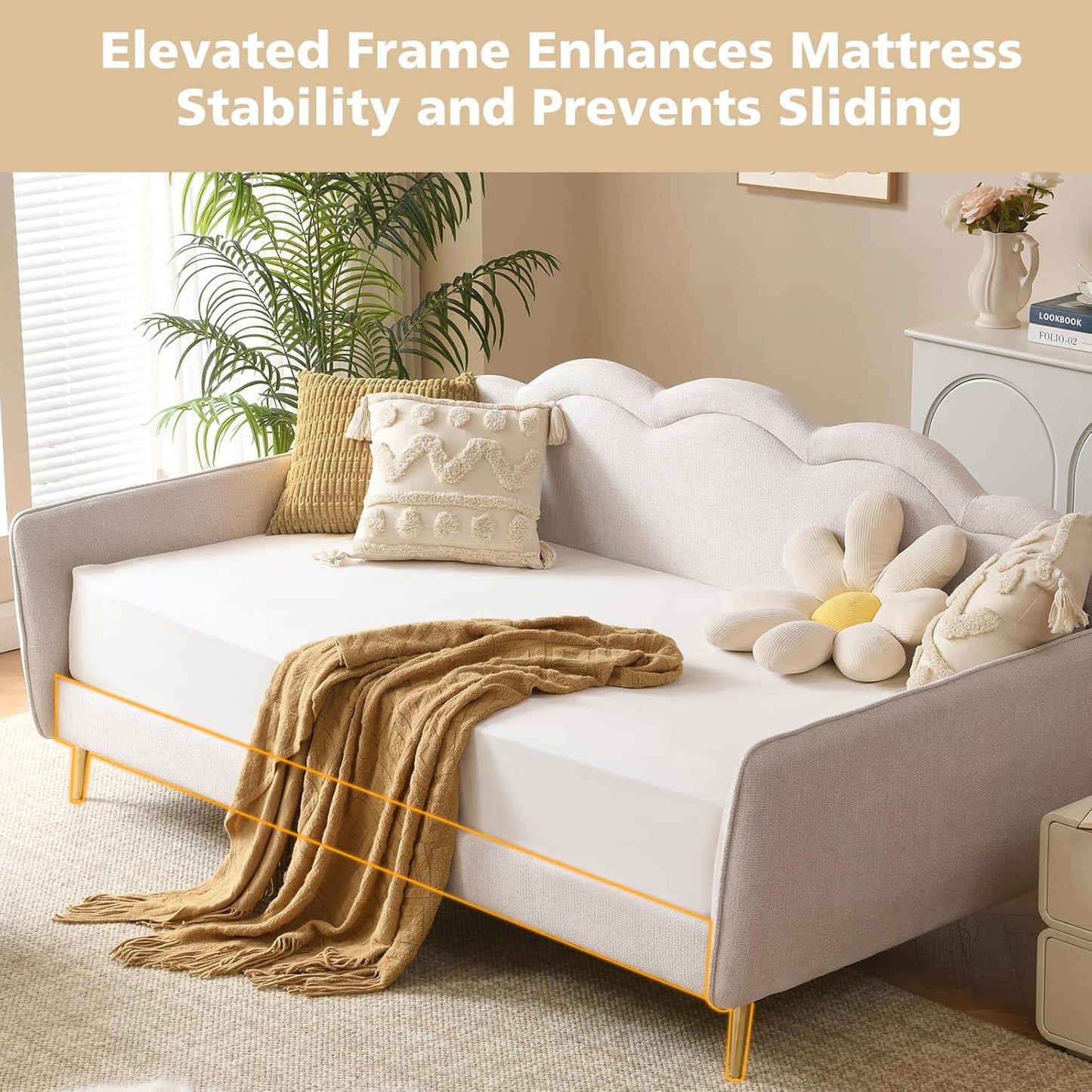 VELOCAVA Twin Size Upholstered Daybed with Cloud-Shaped Backrest, Modern Linen Sofa Bed with Metal Legs, Wood Slat Support for Bedroom, Living Room, Guest Room, Beige White