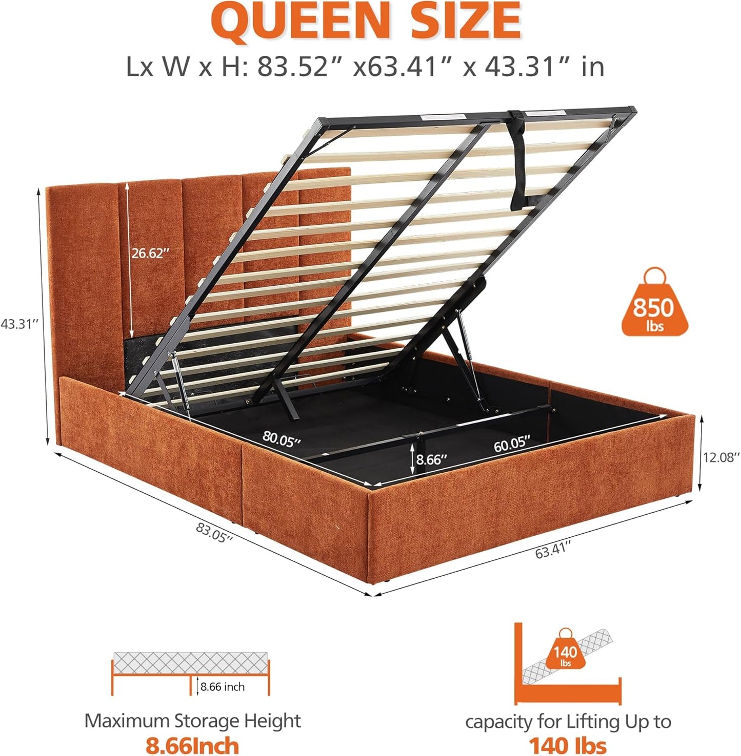VELOCAVA Queen Size Lift-Up Hydraulic Storage Bed, Orange Linen-Look Upholstered Platform Bed with Vertical Channel Headboard, Wooden Slat Support, No Box Spring Needed
