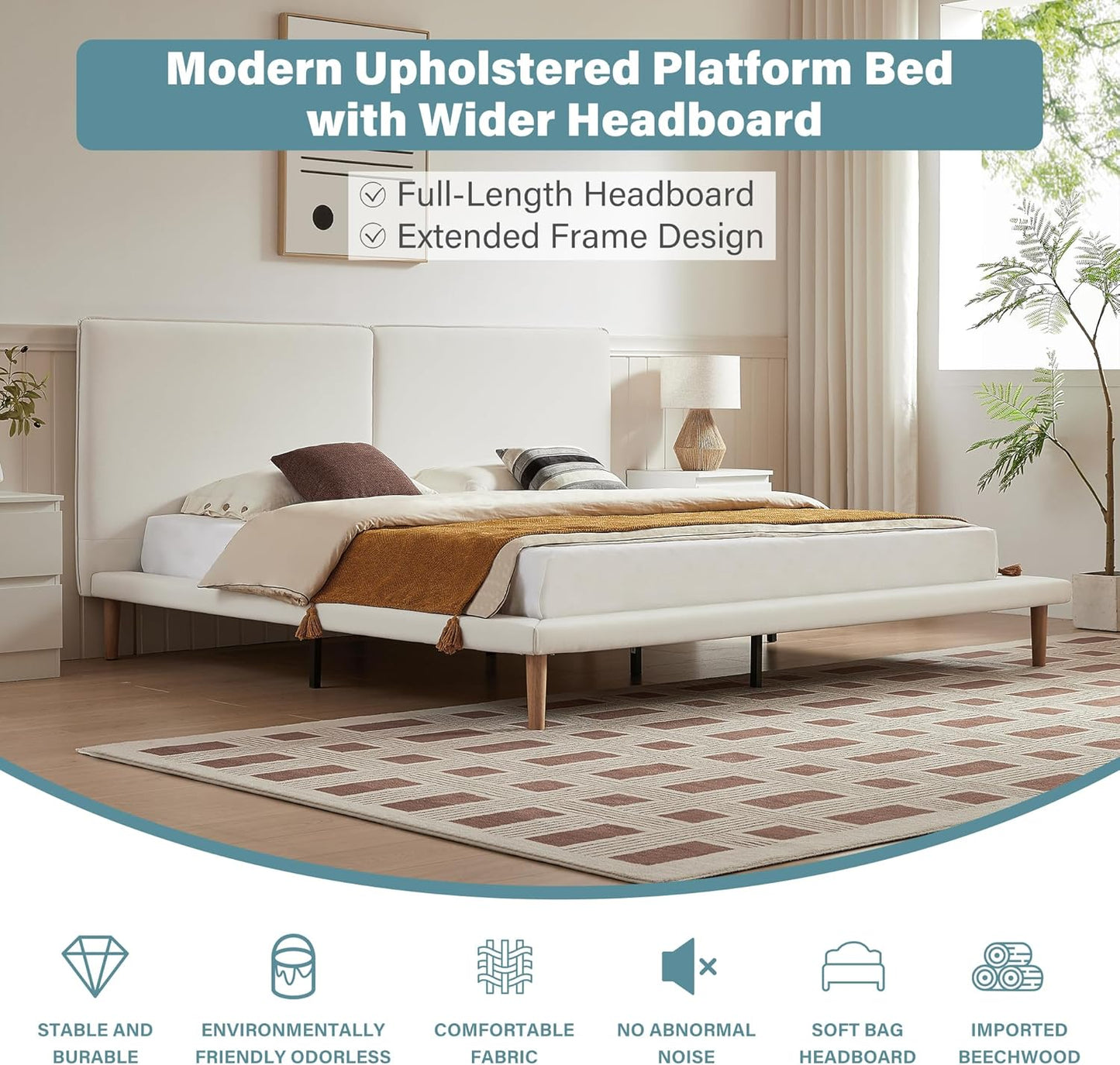 VELOCAVA Platform Bed Frame with 5.9" Wide Side Rails, Beige Upholstered Bed with Headboard, Low Profile Scandinavian Style, 7.9" Underbed Storage, No Box Spring Needed