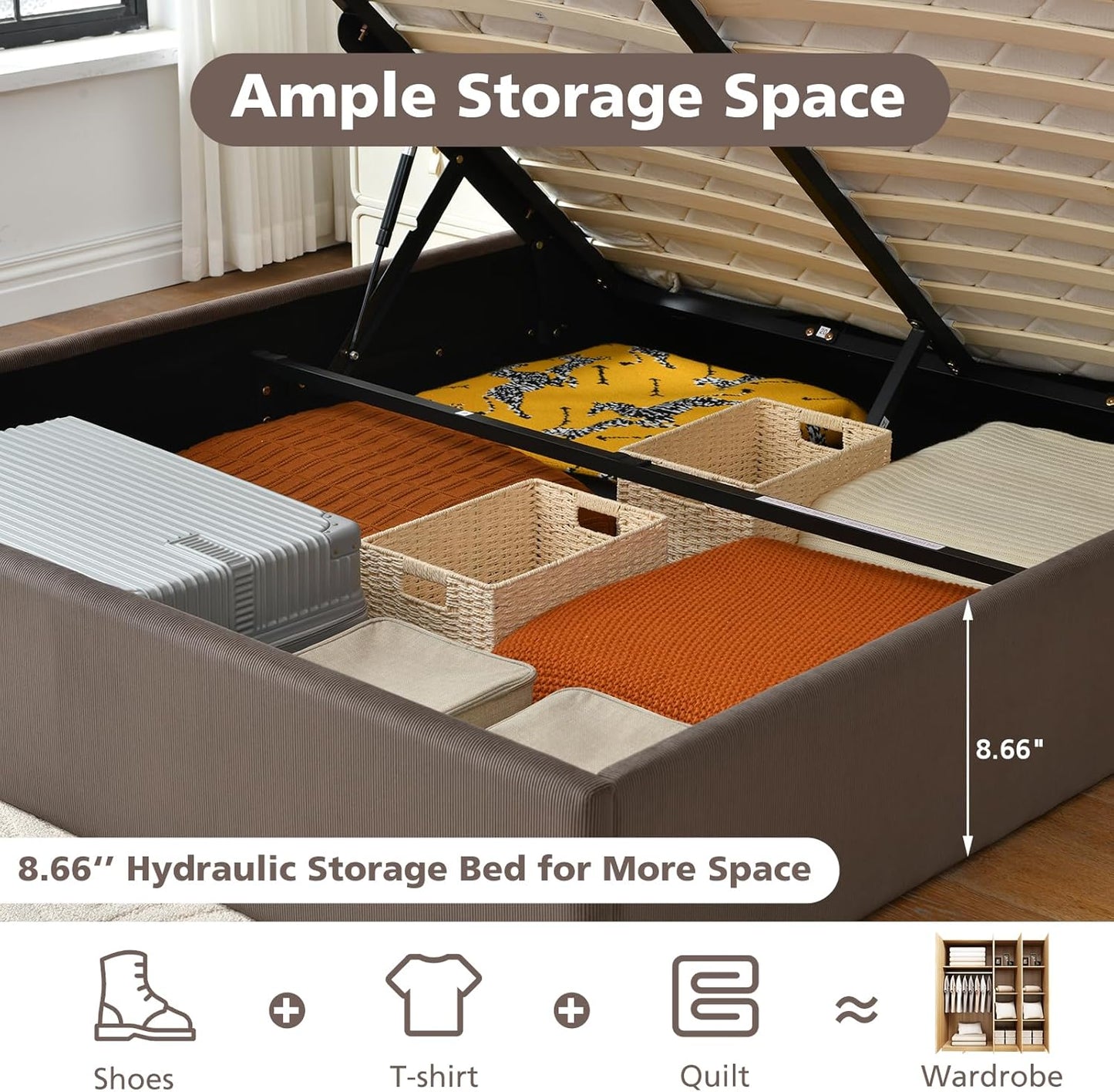 VELOCAVA Lift-Up Storage Bed with Wingback Headboard, Modern Upholstered Corduroy Coffee Bed, Gas Lift Platform, Sturdy Wooden Slat Support, No Box Spring Needed, Easy Assembly