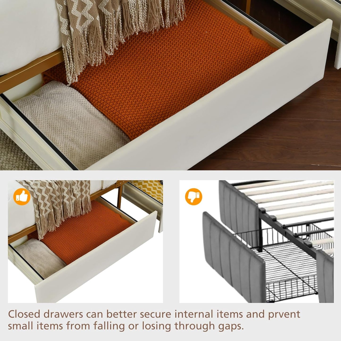 VELOCAVA Rounded Metal Upholstered Bed with 4 Storage Drawers, Velvet Platform Storage Bedframe with Headboard, Wooden Slats Support, No Box Spring Needed, Cream
