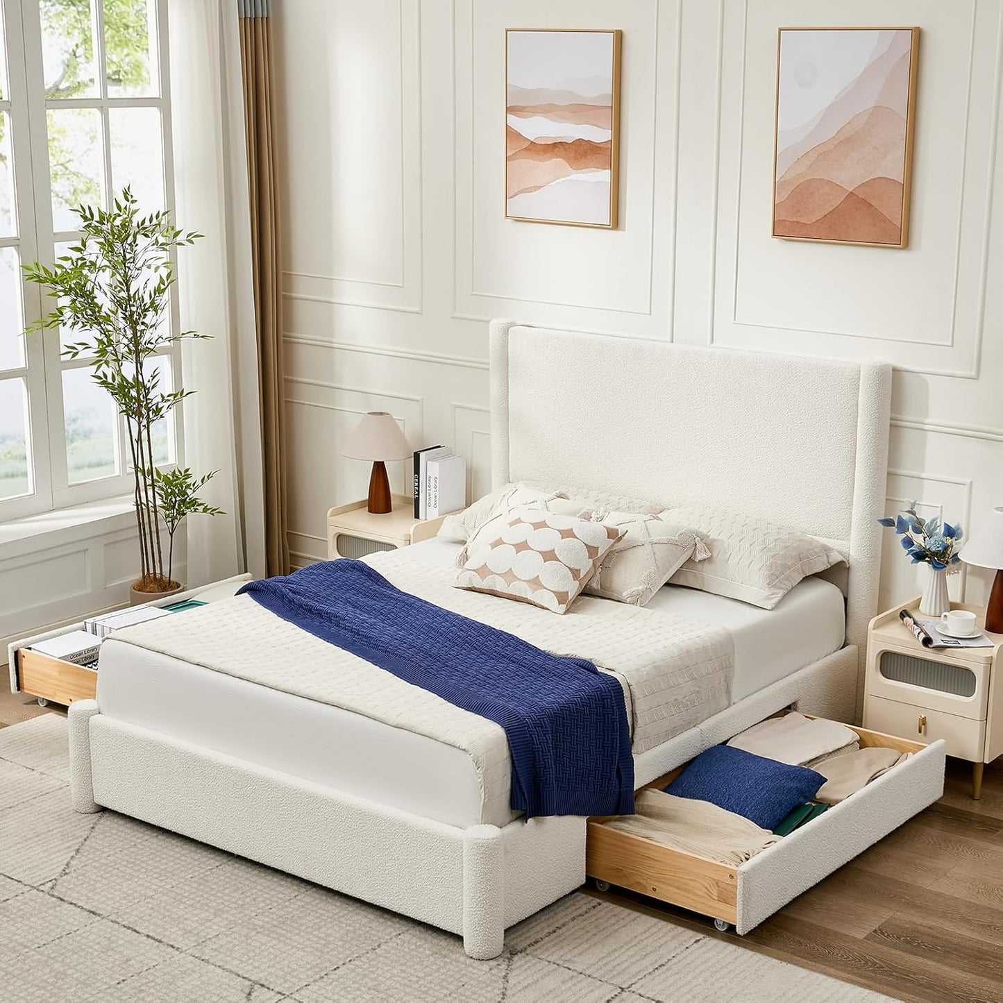 VELOCAVA Queen Size Upholstered Bed Frame with 51.77" Tall Headboard and Soft Rounded Corners, Side Storage Drawers, 12-Slat Support, No Box Spring Needed, Bouclé Texture, White
