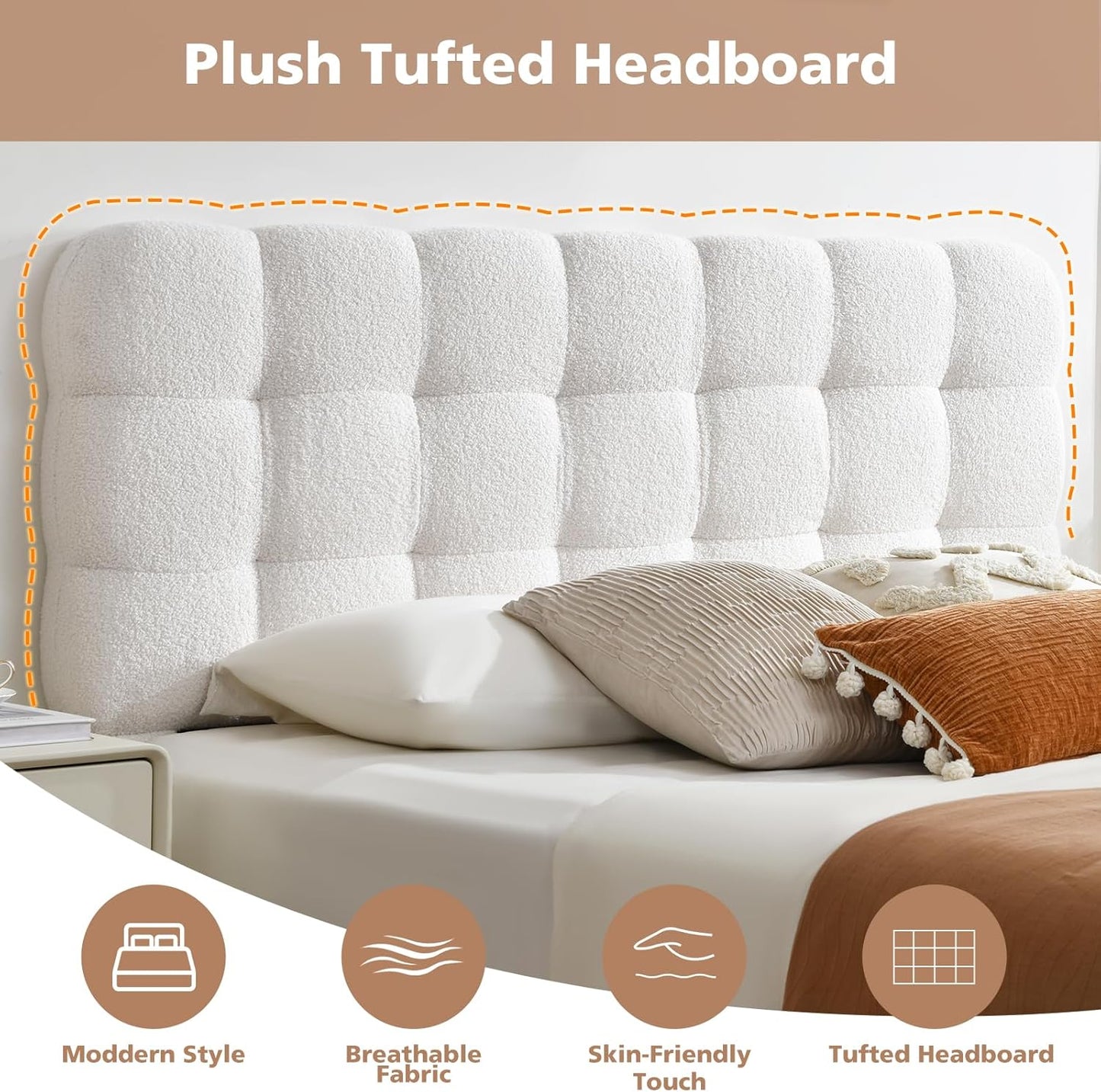 VELOCAVA Lift-Up Storage Bed, Upholstered Platform Bed with Soft Tufted Headboard, Bouclé-Textured Fabric, No Box Spring Needed, Cream White
