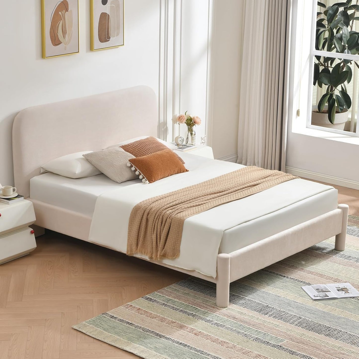 VELOCAVA Upholstered Platform Bed Frame with Curved Headboard and Cylindrical Legs, Rounded Corners Design, Sturdy 30-Slat Support, No Box Spring Required, Linen-Blend Fabric, Beige