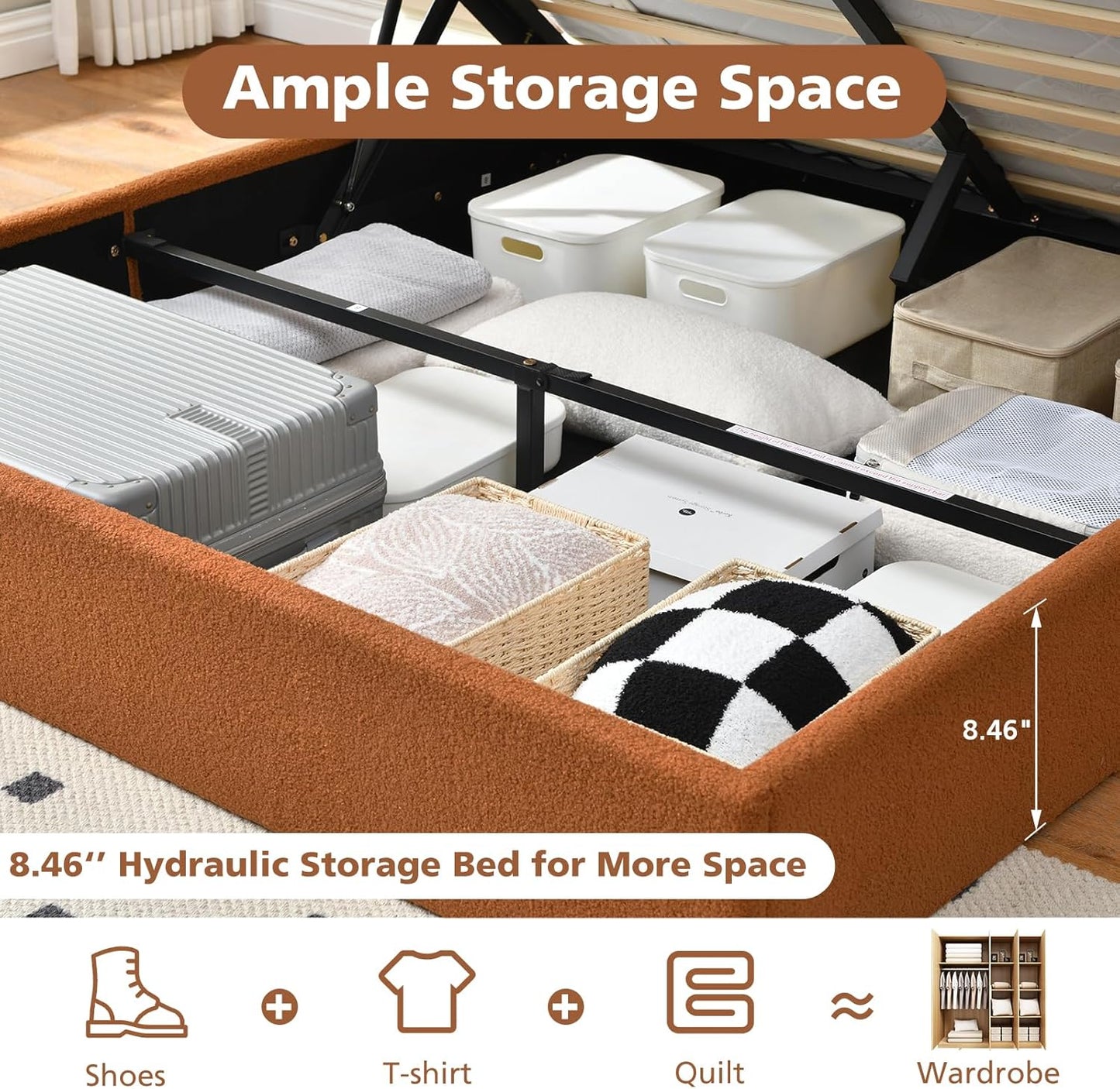 VELOCAVA Lift-Up Storage Bed, Modern Upholstered Boucle Bed with Curved Headboard, Gas Lift Platform, Sturdy Wooden Slat Support, No Box Spring Needed, Easy Assembly, Rust Brown