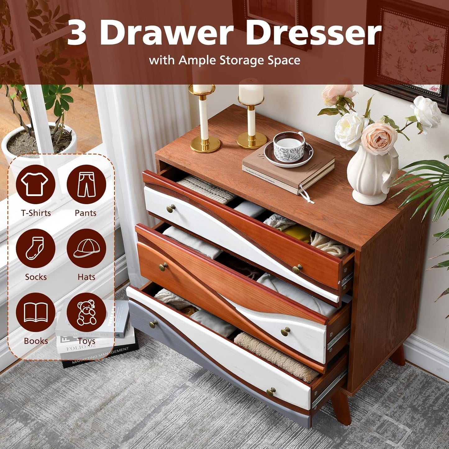 3-Drawer Dresser with Sculpted Wave Fronts, Tri-Color Drawer Design, Modern Chest of Drawers Storage Cabinet for Bedroom, Living Room, Hallway, or Office