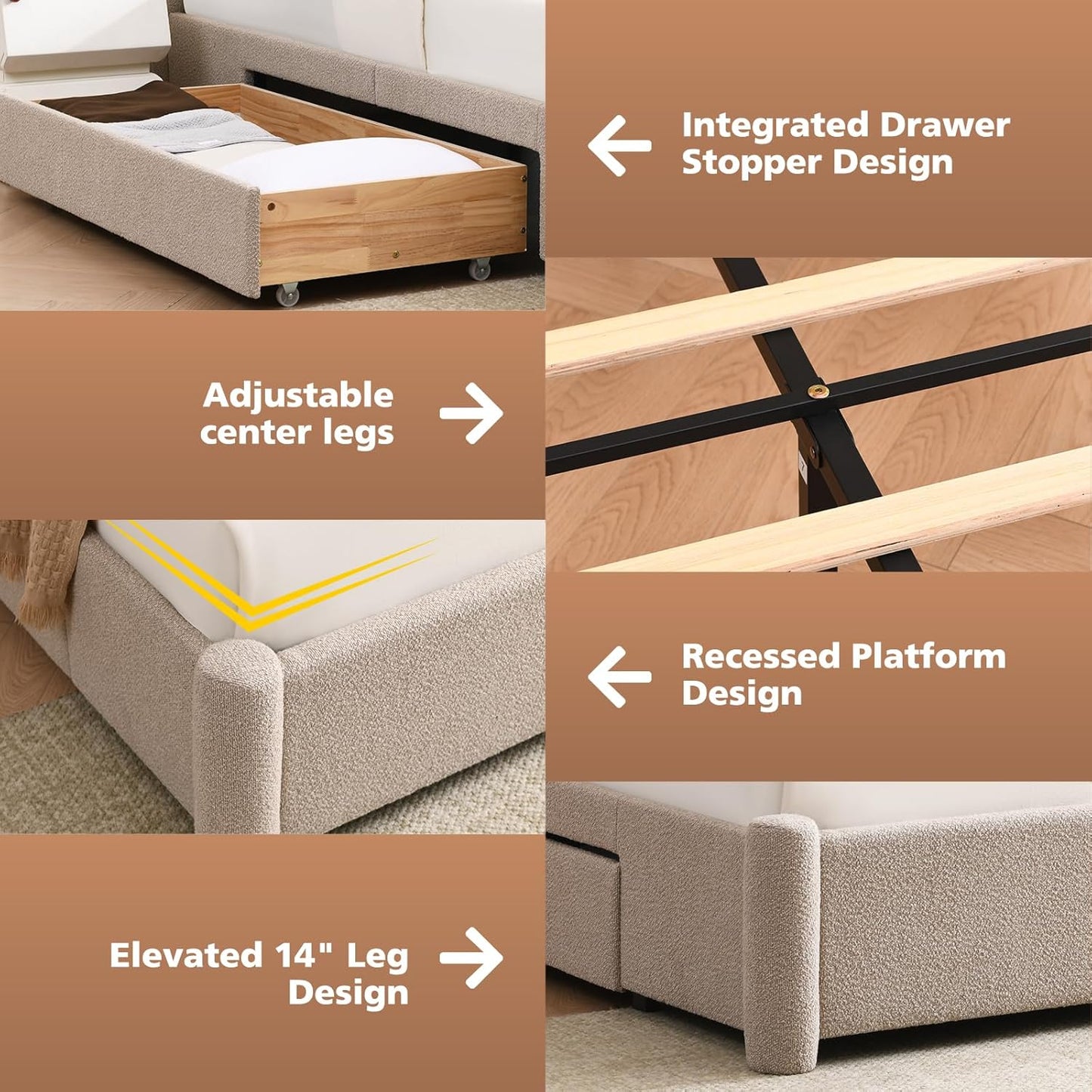 VELOCAVA Upholstered Bed Frame with 51.77" Tall Headboard and Soft Rounded Corners, Side Storage Drawers, 12-Slat Support, No Box Spring Needed, Bouclé Texture, Beige
