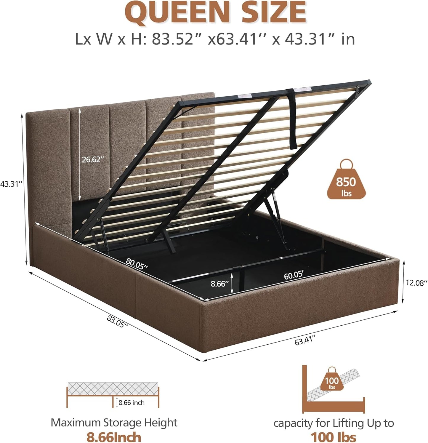 VELOCAVA Lift-Up Storage Bed Frame, Boucle Upholstered Platform Bed with Vertical Channel Headboard, Hydraulic Storage, Sturdy Wooden Slat Support, No Box Spring Needed, Brown