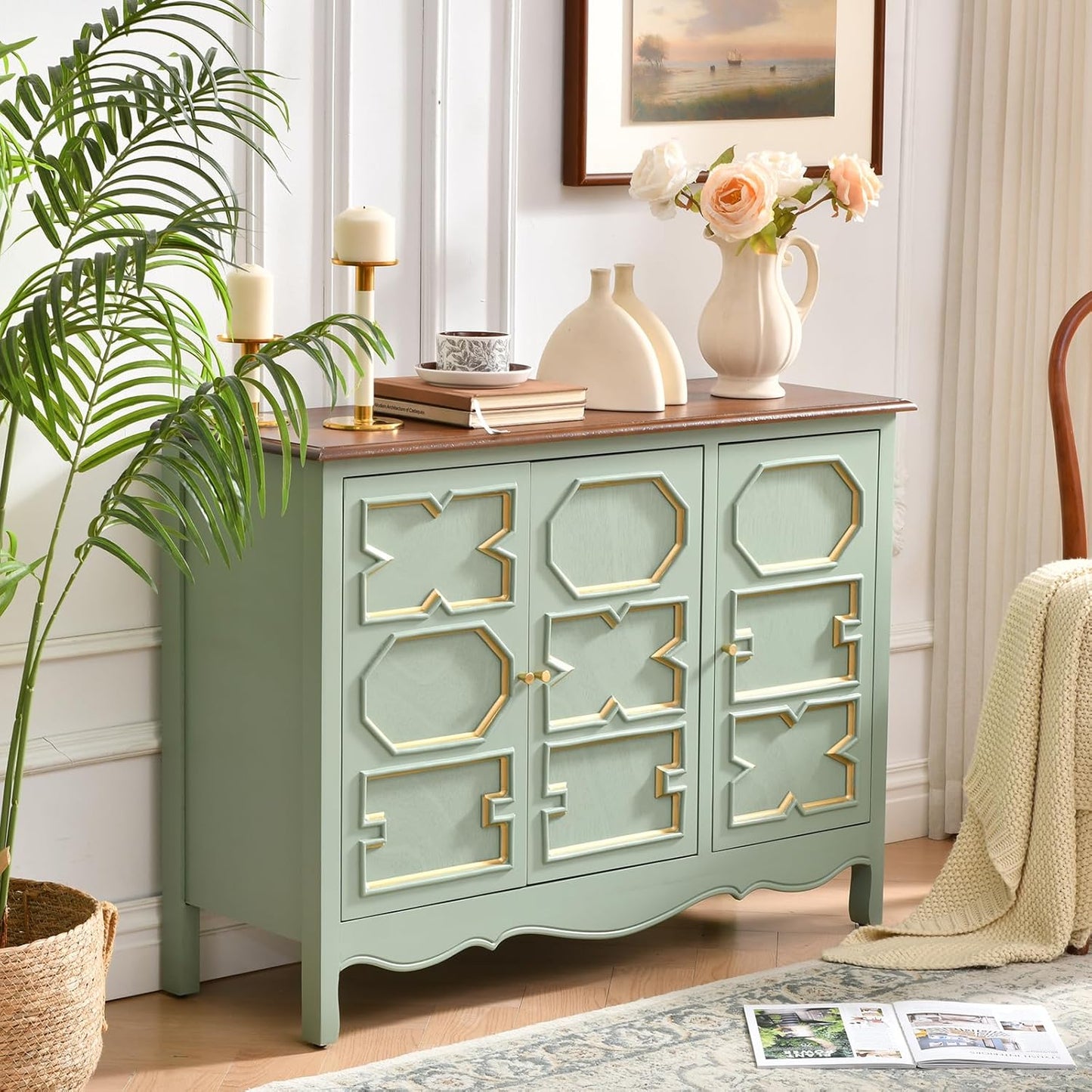 Vintage Green 3-Door Accent Cabinet with Geometric Gold-Trim Resin and Gold Handles, 40" Storage Sideboard with Adjustable Shelf, Buffet Cabinet for Dining Room, Entryway, or Living Room