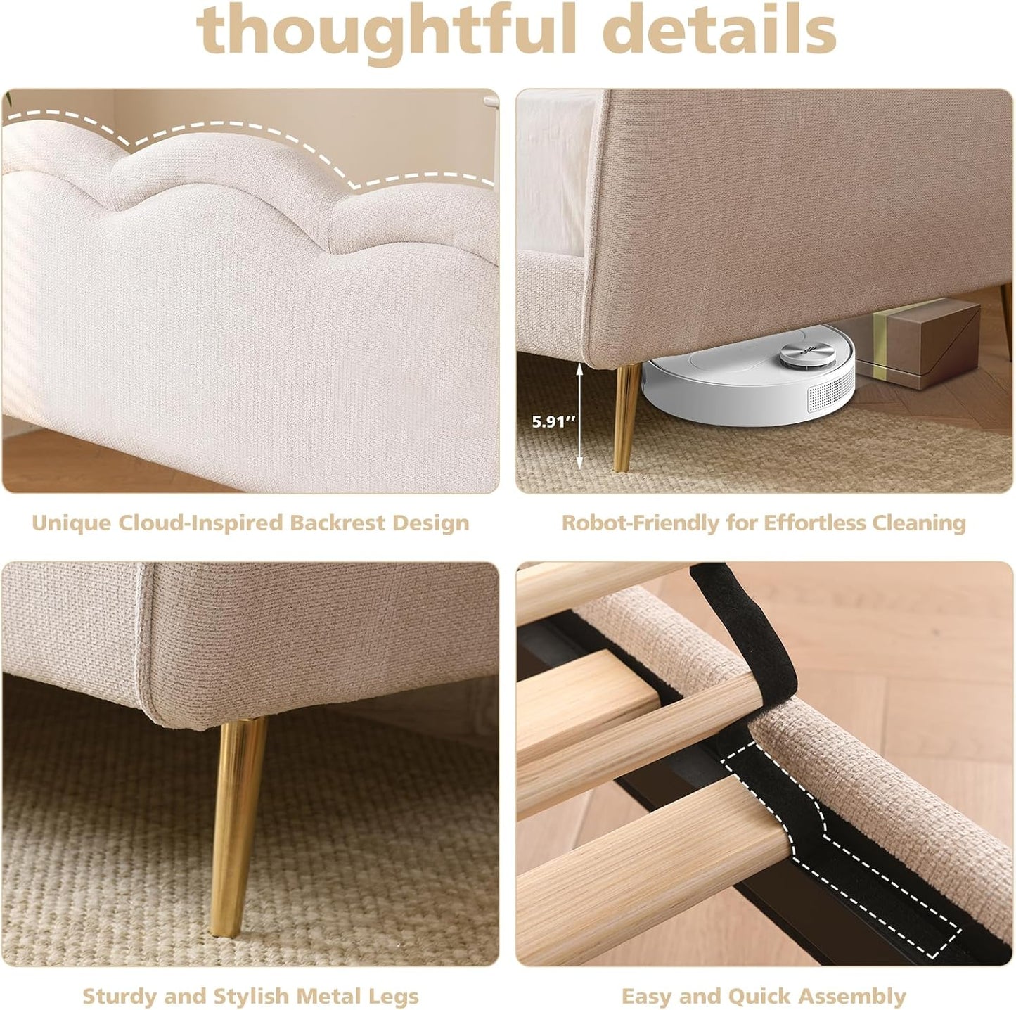 VELOCAVA Twin Size Upholstered Daybed with Cloud-Shaped Backrest, Modern Linen Sofa Bed with Metal Legs, Wood Slat Support for Bedroom, Living Room, Guest Room, Beige White