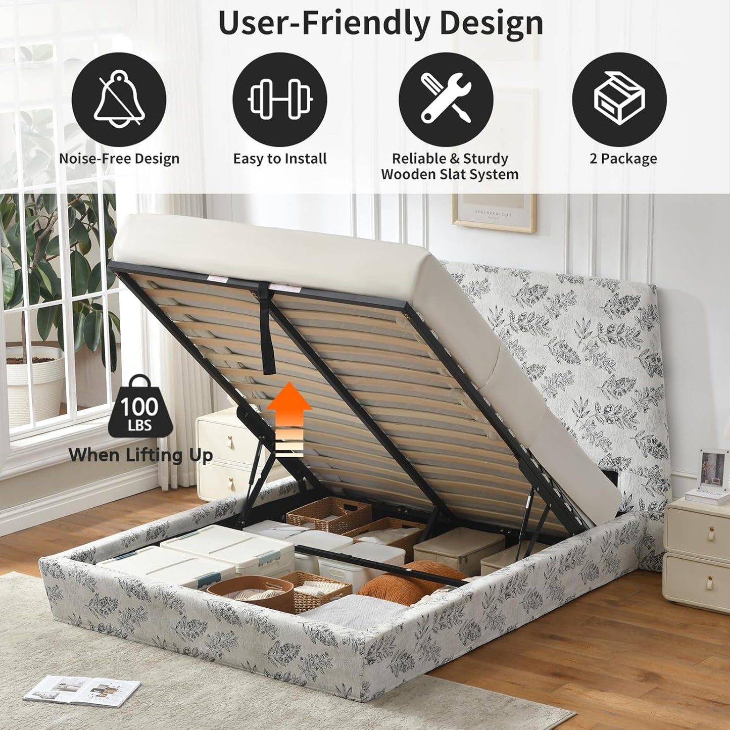 VELOCAVA Lift-Up Storage Bed, Modern Upholstered Bed with 51.57" Tall Headboard and Sleek Tapered Silhouette, Hydraulic Lift Platform, No Box Spring Needed, Floral Pattern Fabric