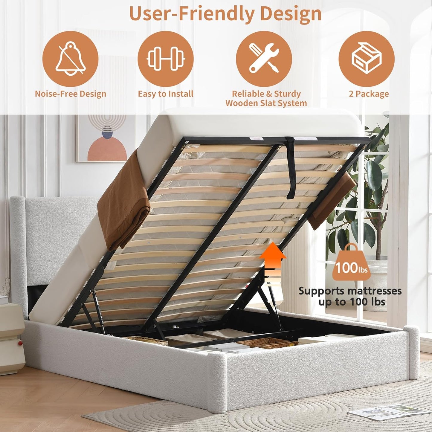 VELOCAVA Lift Up Storage Bed Frame, 44.88" Tall Upholstered Headboard, Soft Rounded Corner Design, Bouclé Texture Platform Bed with Hydraulic Storage, No Box Spring Needed, Soft White