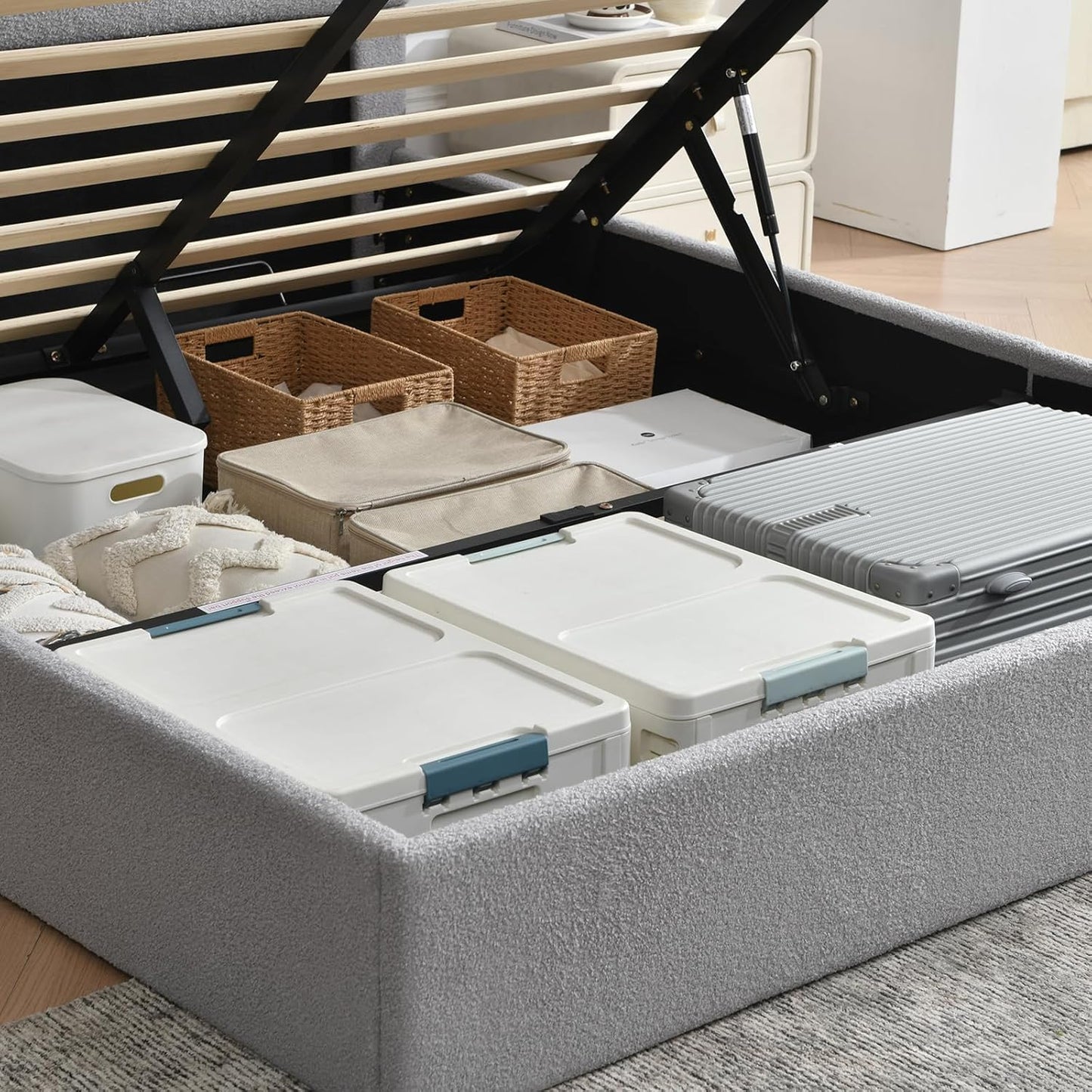 VELOCAVA Lift-Up Storage Bed, Modern Upholstered Boucle Bed with Curved Headboard, Gas Lift Platform, Sturdy Wooden Slat Support, No Box Spring Needed, Easy Assembly, Light Gray